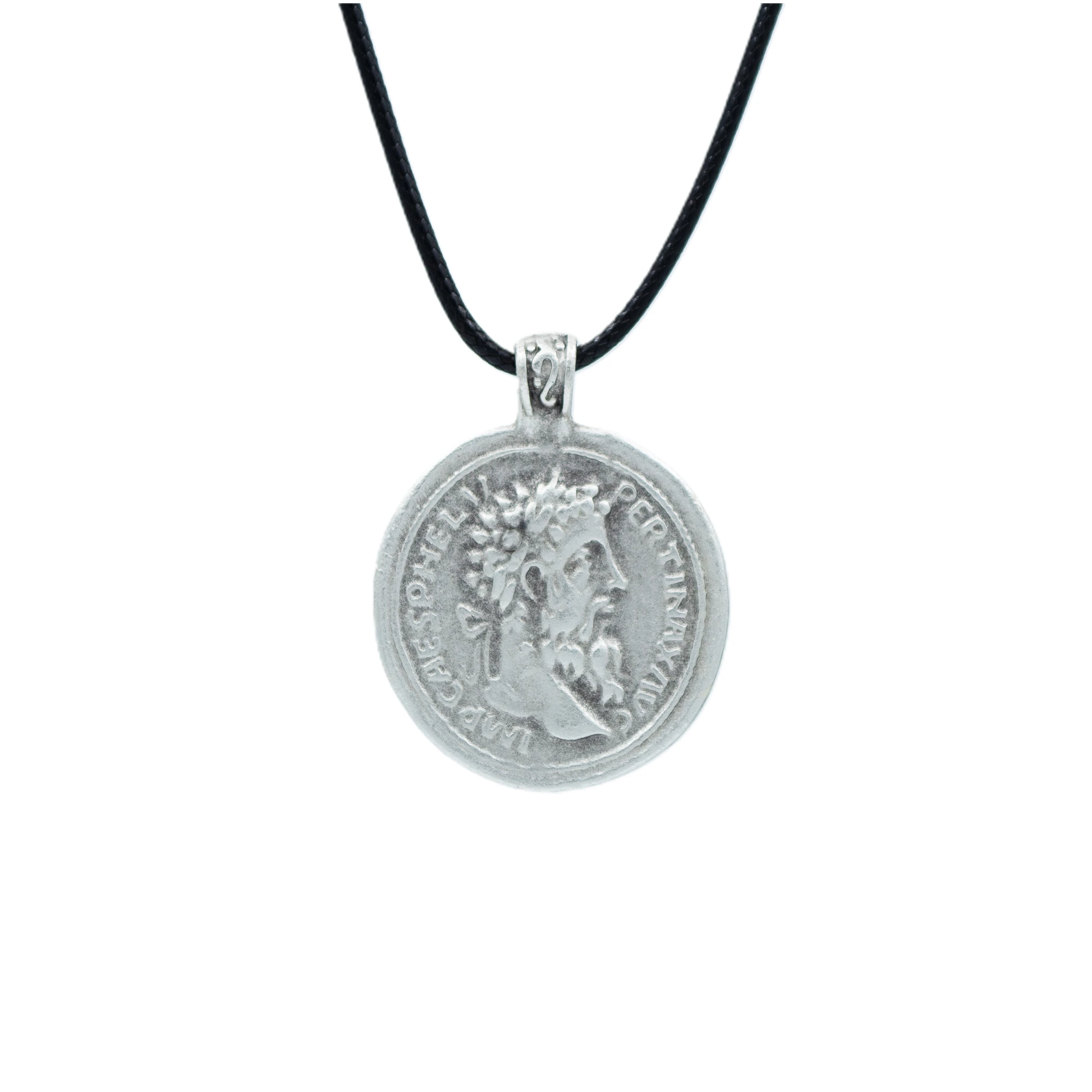 Roma Parası Sikke Kolye - Gümüş ( Silver ) Renk - 60 cm Deri İp Kolye