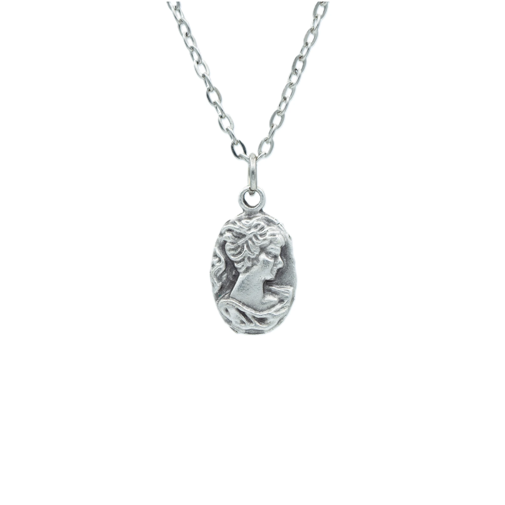 Minimal Vintage Cameo Kolye - Gümüş ( Silver ) Renk - 60 cm Düz Ezme Zincir Kolye