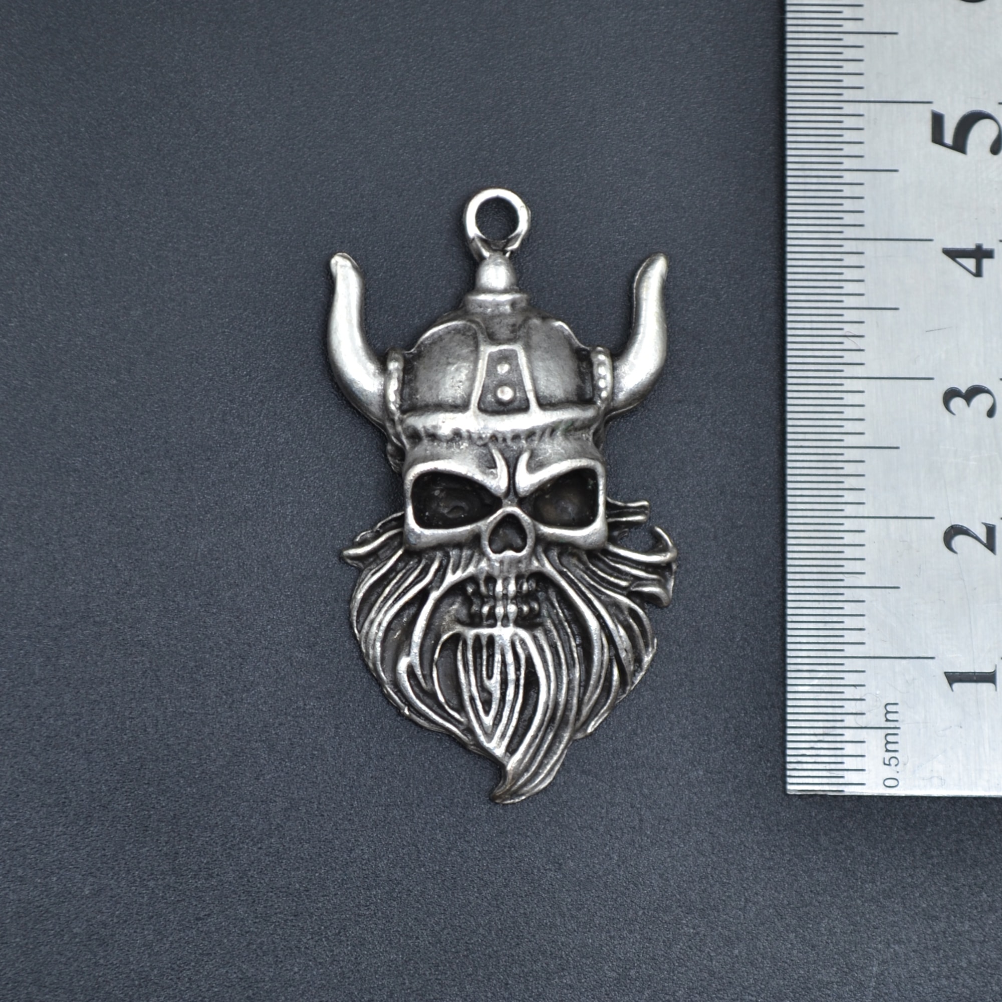 Viking Sakallı Kuru Kafa Kolye - Gümüş ( Silver ) Renk - 60 cm Deri İp Kolye