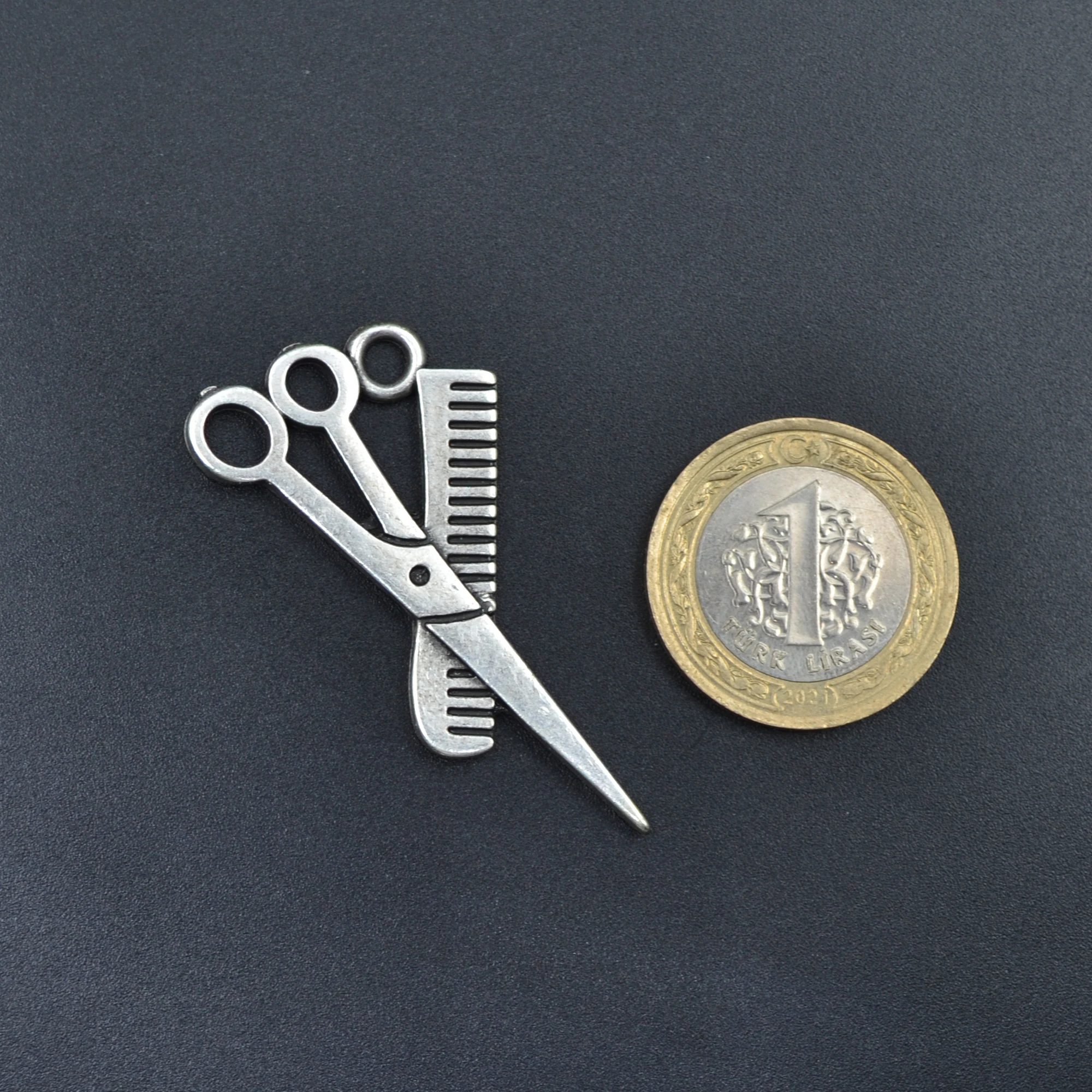 Makas - Tarak - Berber Kolye - Gümüş ( Silver ) Renk - 60 cm Deri İp Kolye