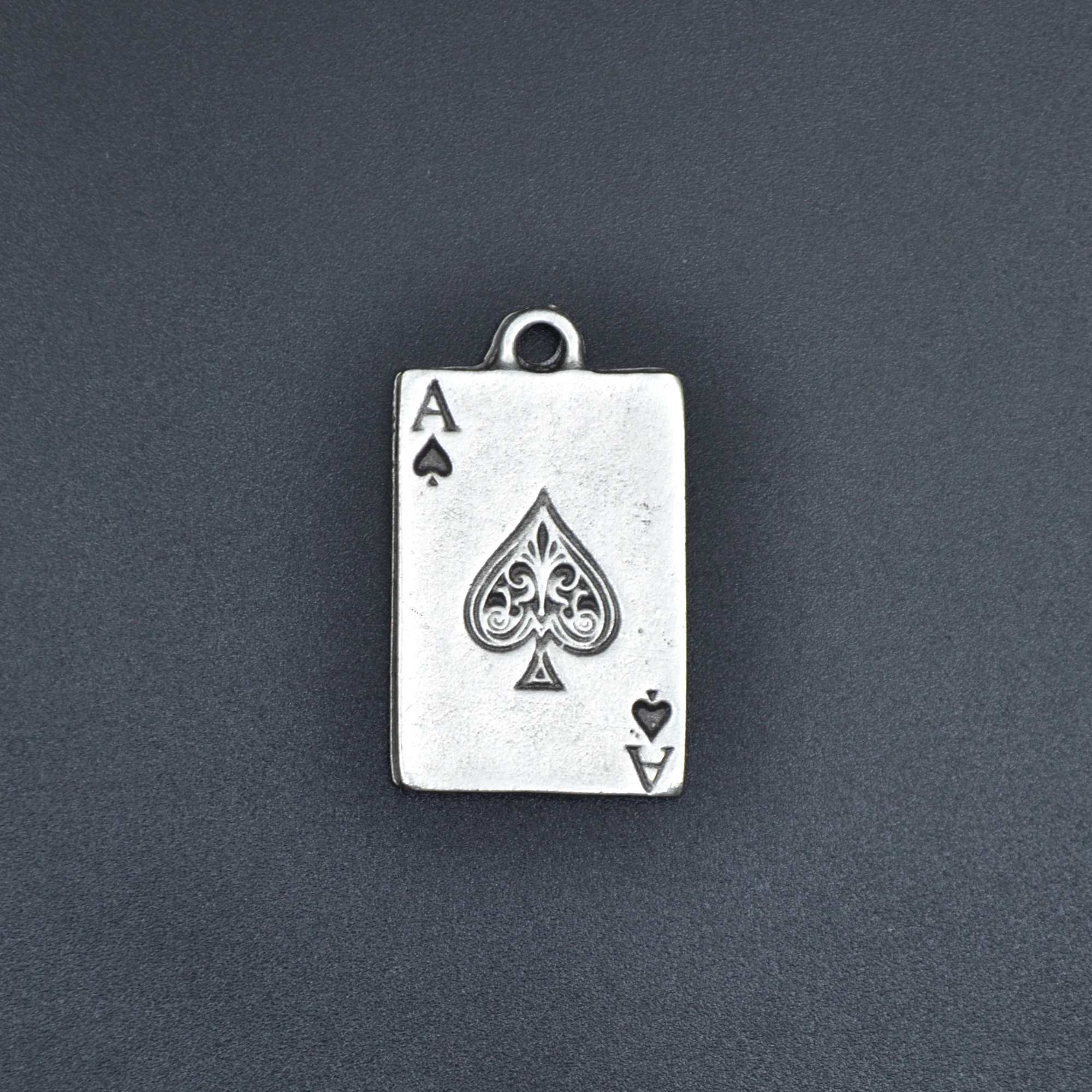 Maça As Poker İskambil Kolye - Gümüş ( Silver ) Renk - 60 cm Deri İp Kolye