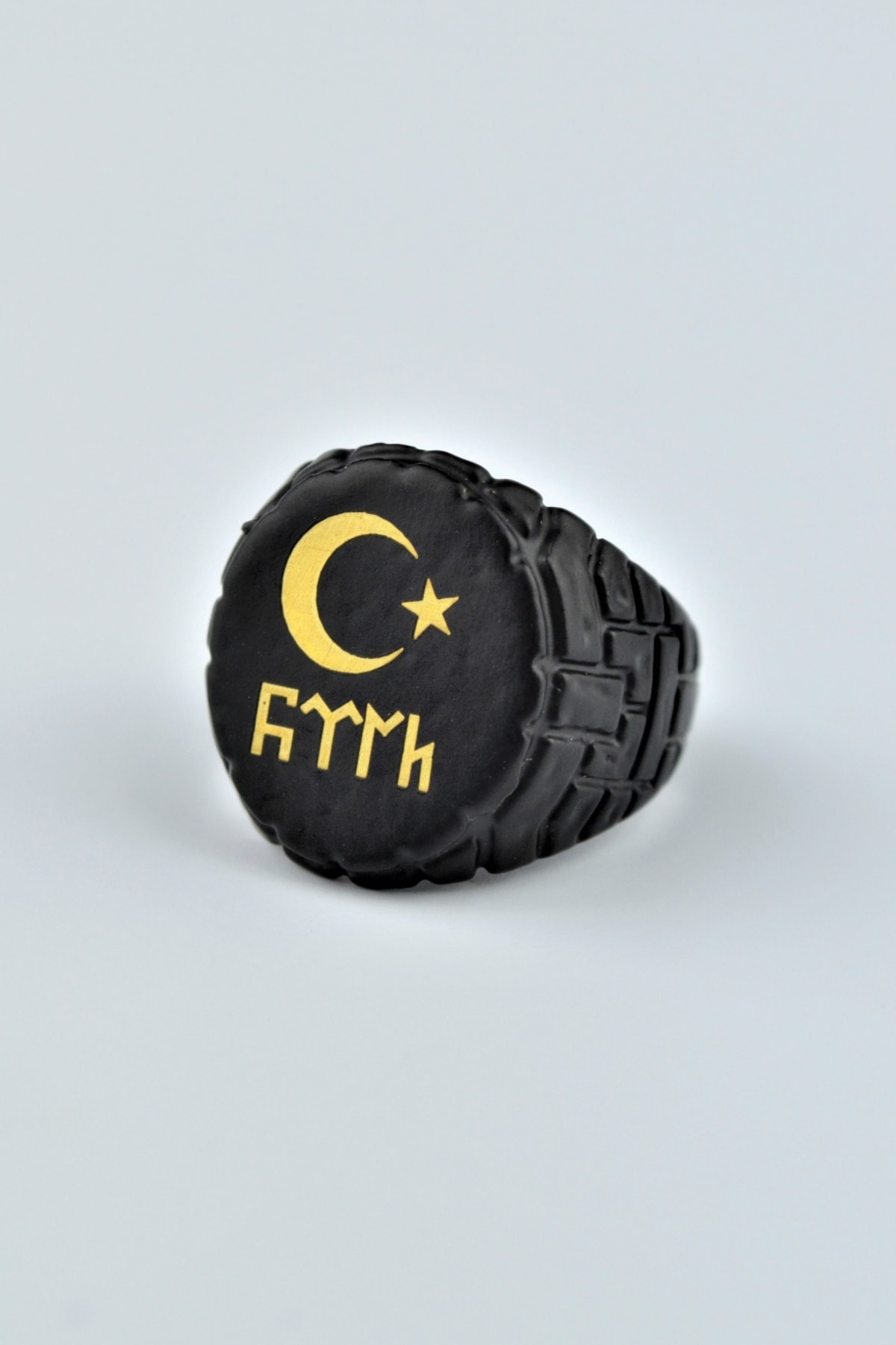 Ay Yıldız Göktürkçe Türk Yuvarlak Şovalye Mat Siyah Ayarlamalı Erkek Yüzük