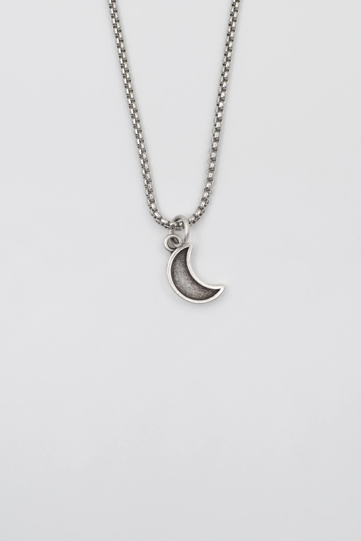 Minimalist Ay Örme Zincir Kolye - Antik Gümüş Kaplama - Kadın Erkek - 60 cm