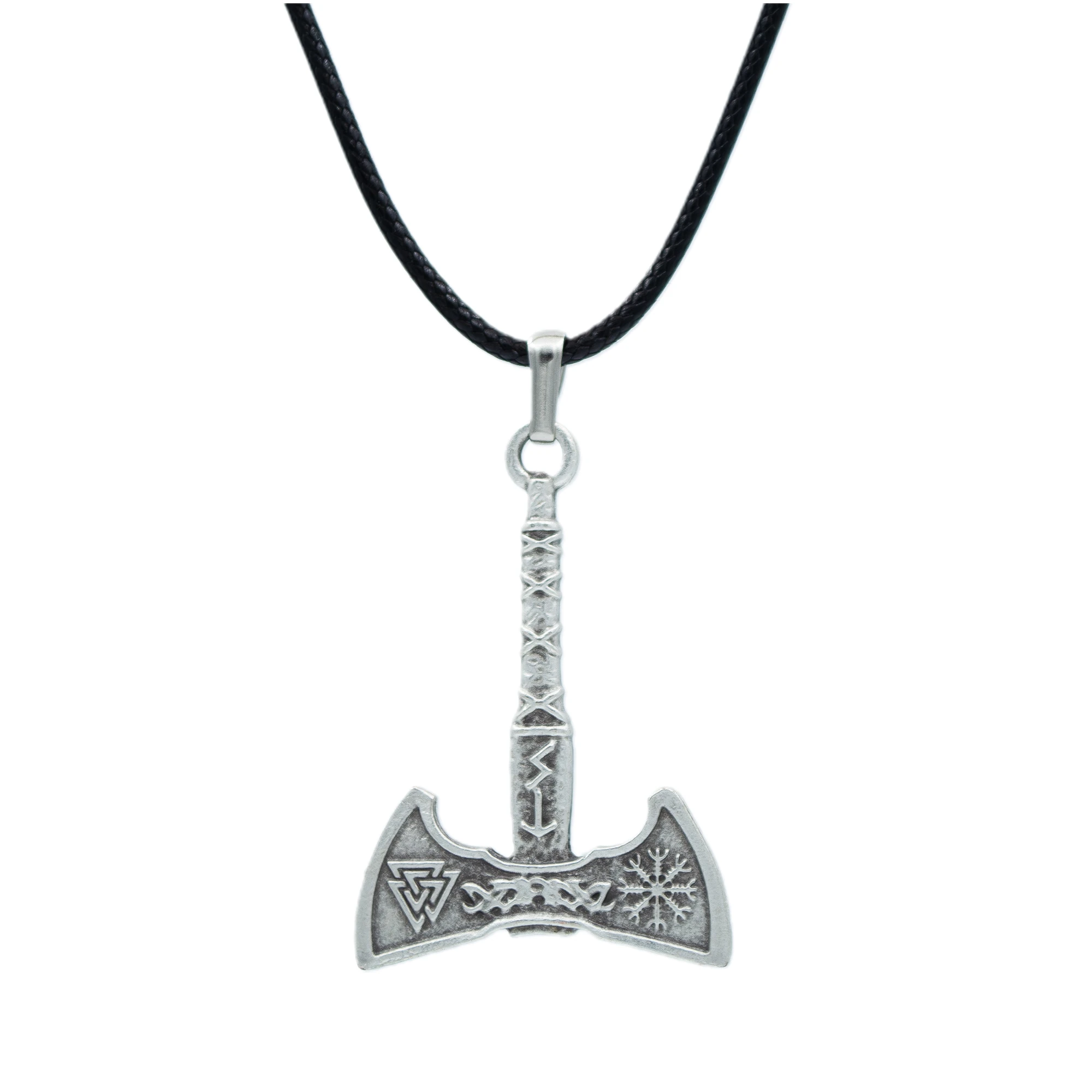 Viking Run Sembol Balta Kolye - Gümüş ( Silver ) Renk - 60 cm Deri İp Kolye