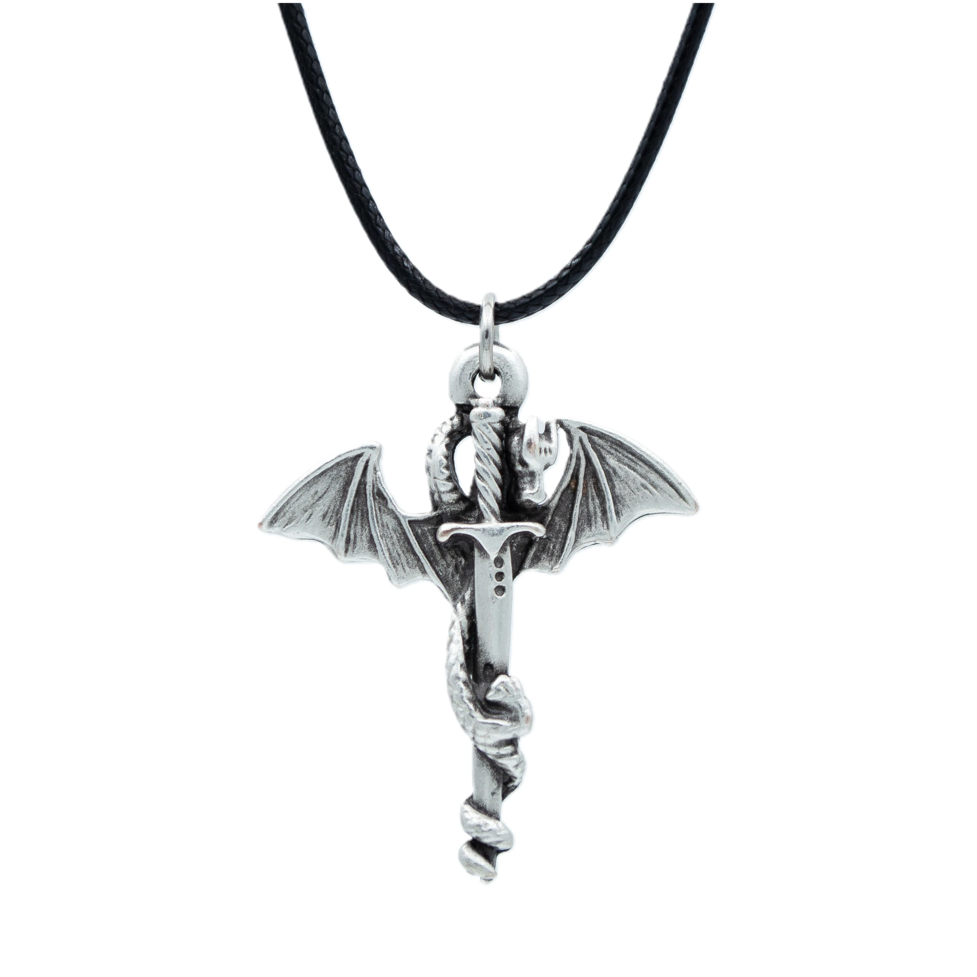 Ejderha Kılıç Kolye - Gümüş ( Silver ) Renk - 60 cm Deri İp Kolye