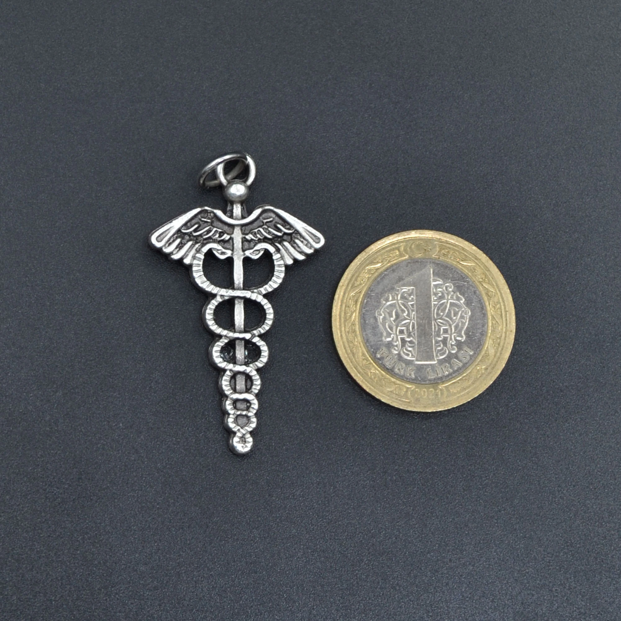 Tıp Sembolü Kadüse Kolye - Düz Silver Zincir - Silver - 60 cm