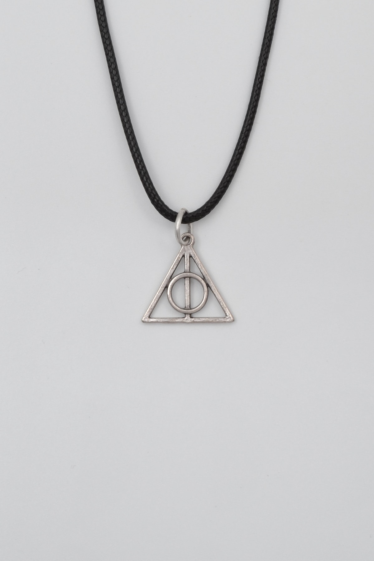 Minimal Harry Potter Ölüm Yadigarları Siyah Deri İp Kolye - Antik Gümüş Kaplama - Kadın Erkek - 60 cm