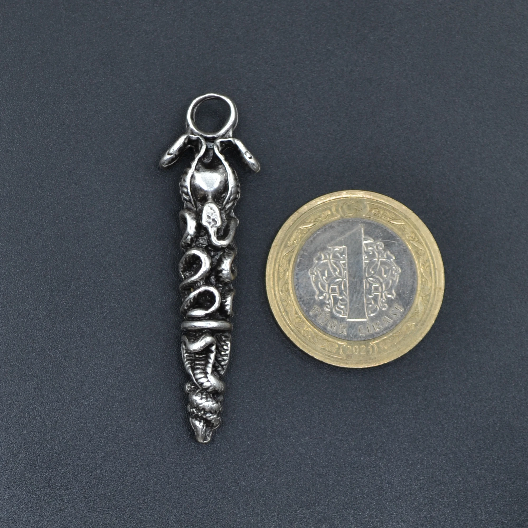 Çift Yılanlı Çubuk Kolye - Gümüş ( Silver ) Renk - 60 cm Deri İp Kolye