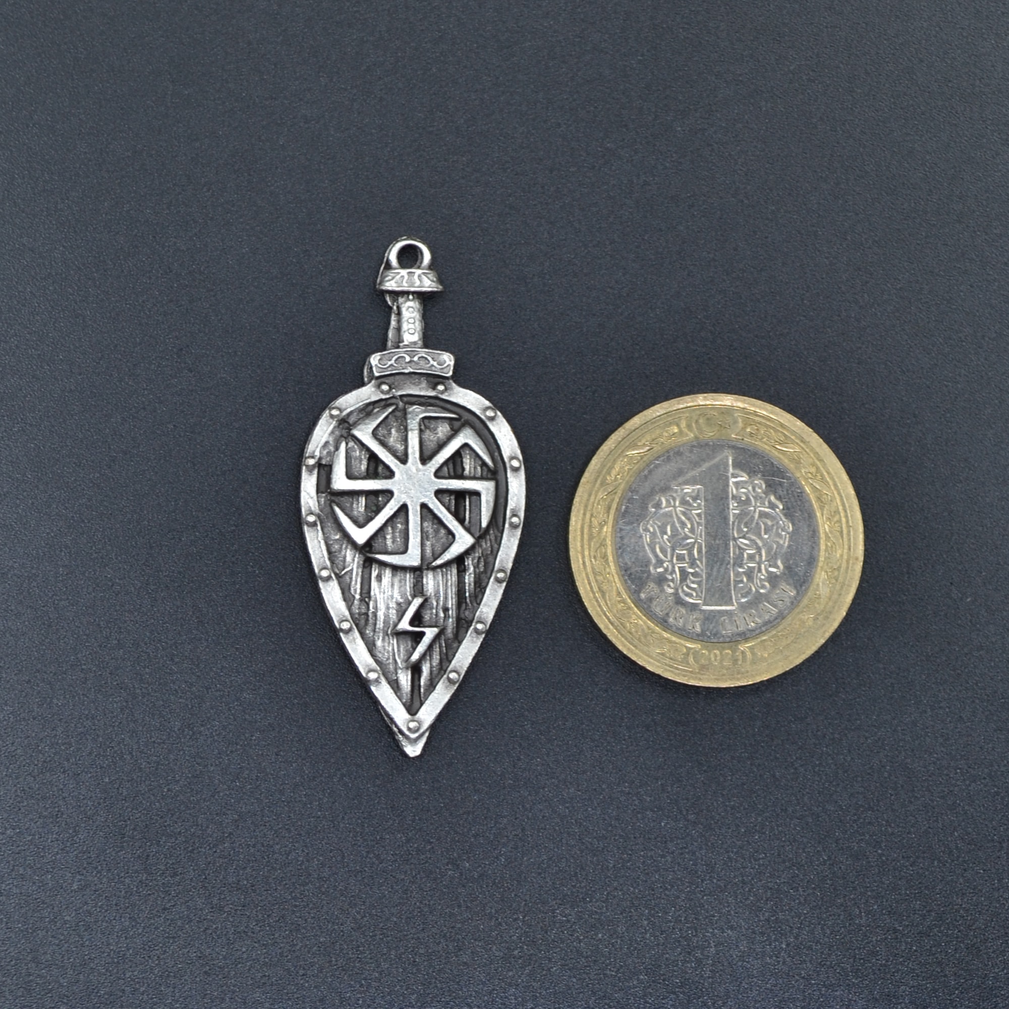 Viking Kolovrat Kalkan Kolye - Gümüş ( Silver ) Renk - 60 cm Düz Ezme Zincir Kolye