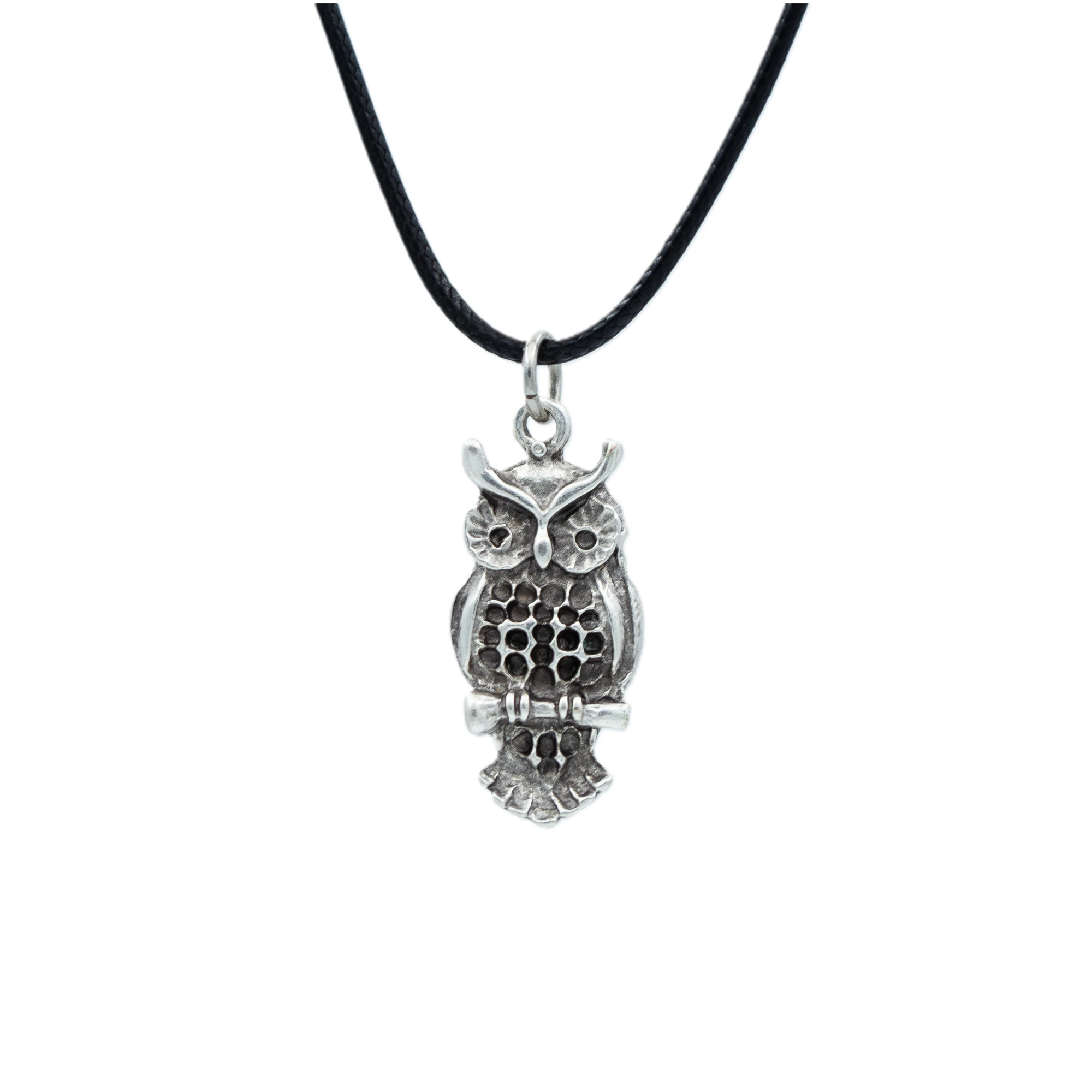 Minimal Baykuş Kolye - Gümüş ( Silver ) Renk - 60 cm Deri İp Kolye