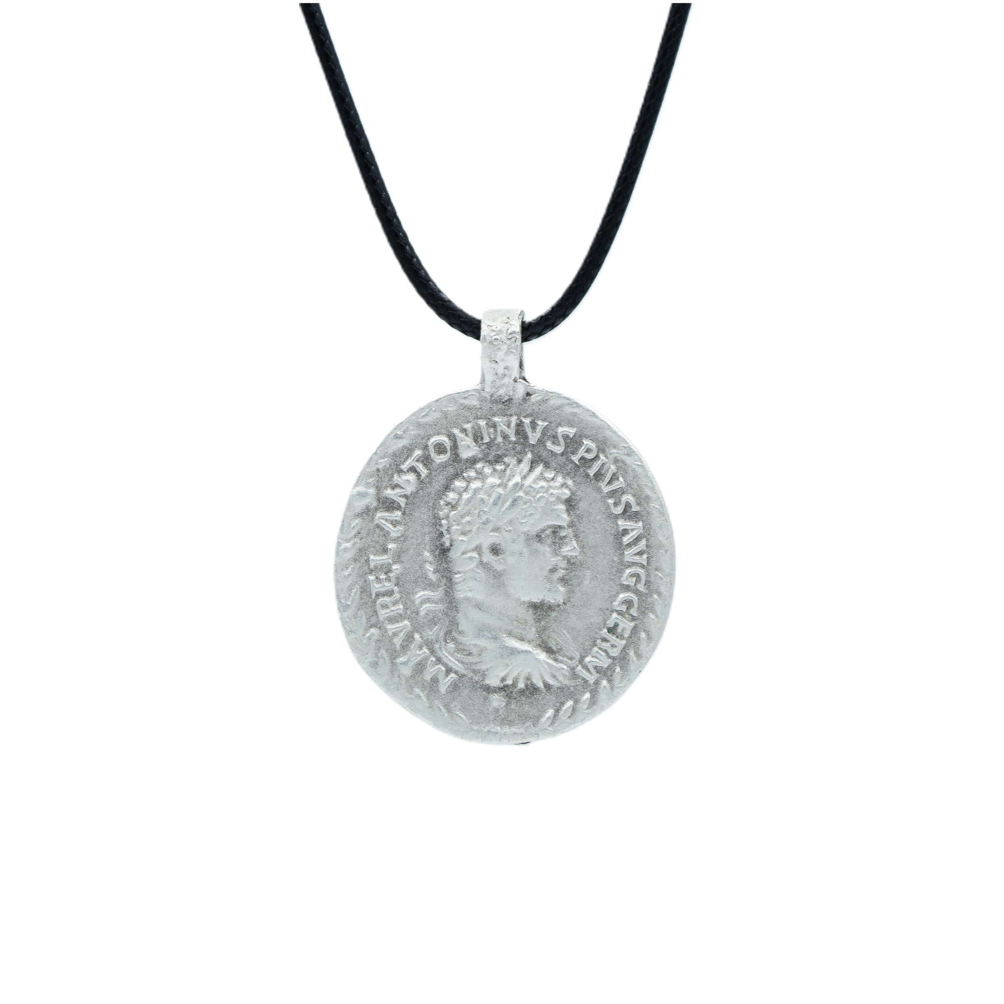 Roma Parası Sikke Kolye - Gümüş ( Silver ) Renk - 60 cm Deri İp Kolye