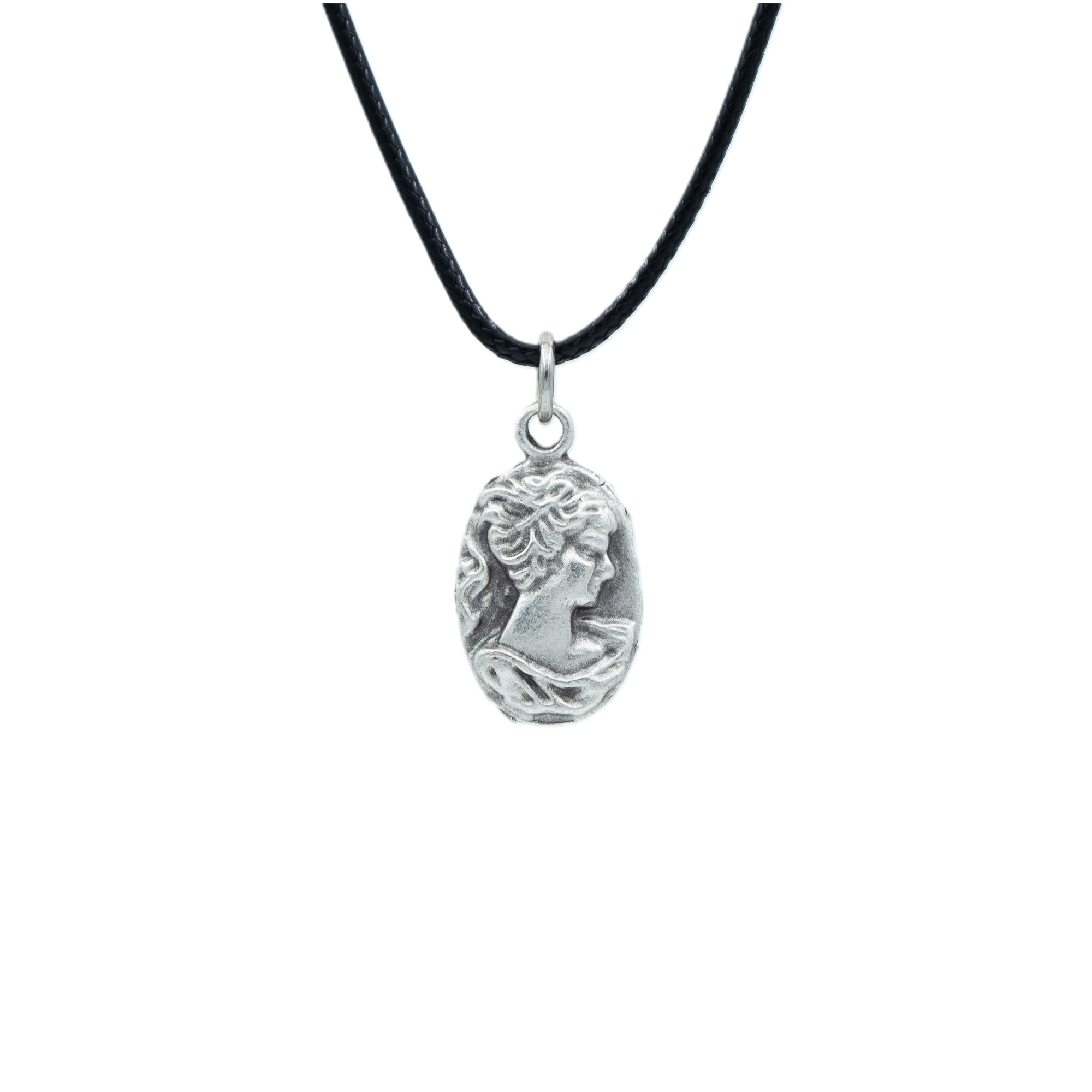 Minimal Vintage Cameo Kolye - Gümüş ( Silver ) Renk - 60 cm Deri İp Kolye