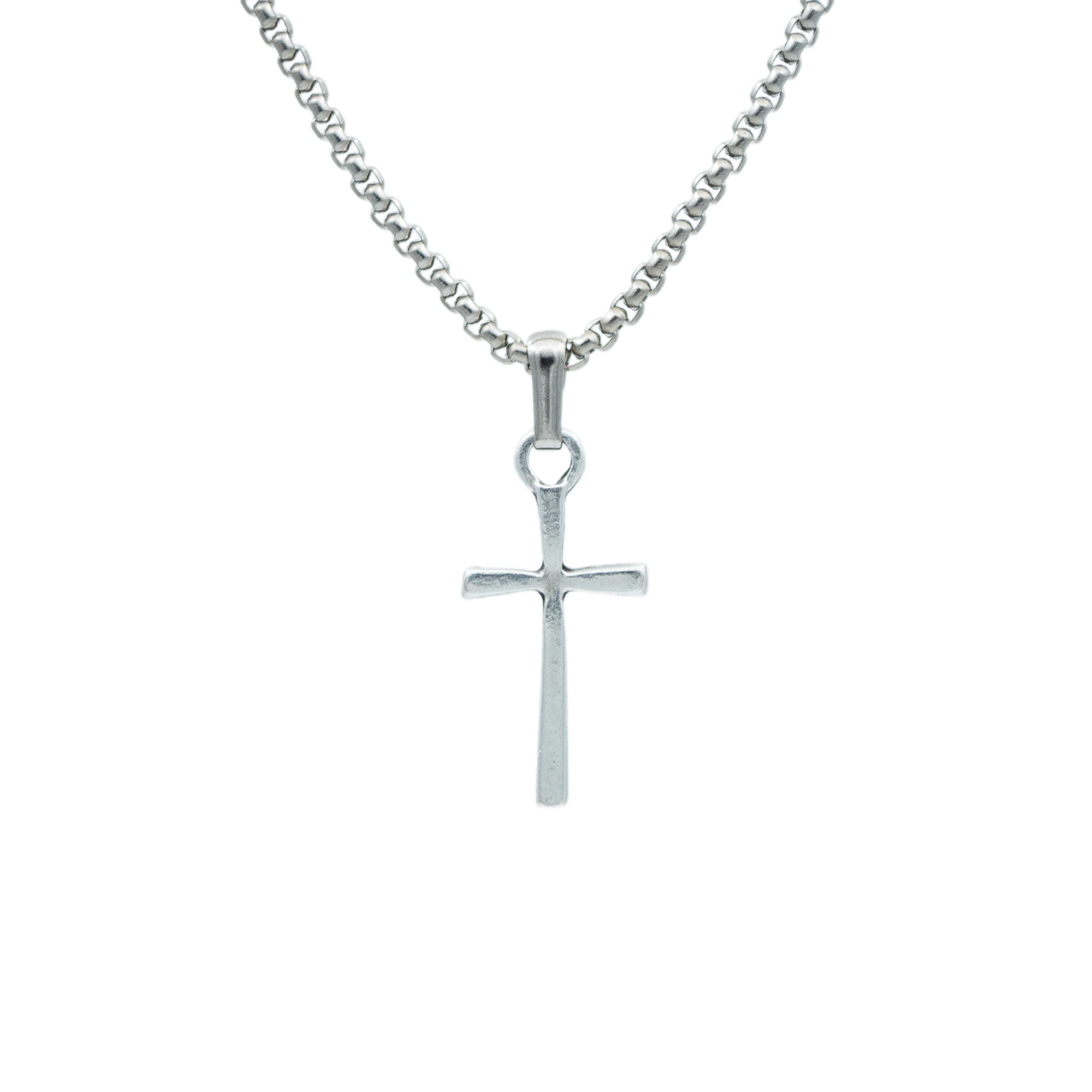 Minimal Haç Kolye - Gümüş ( Silver ) Renk - 60 cm Örme Zincir Kolye