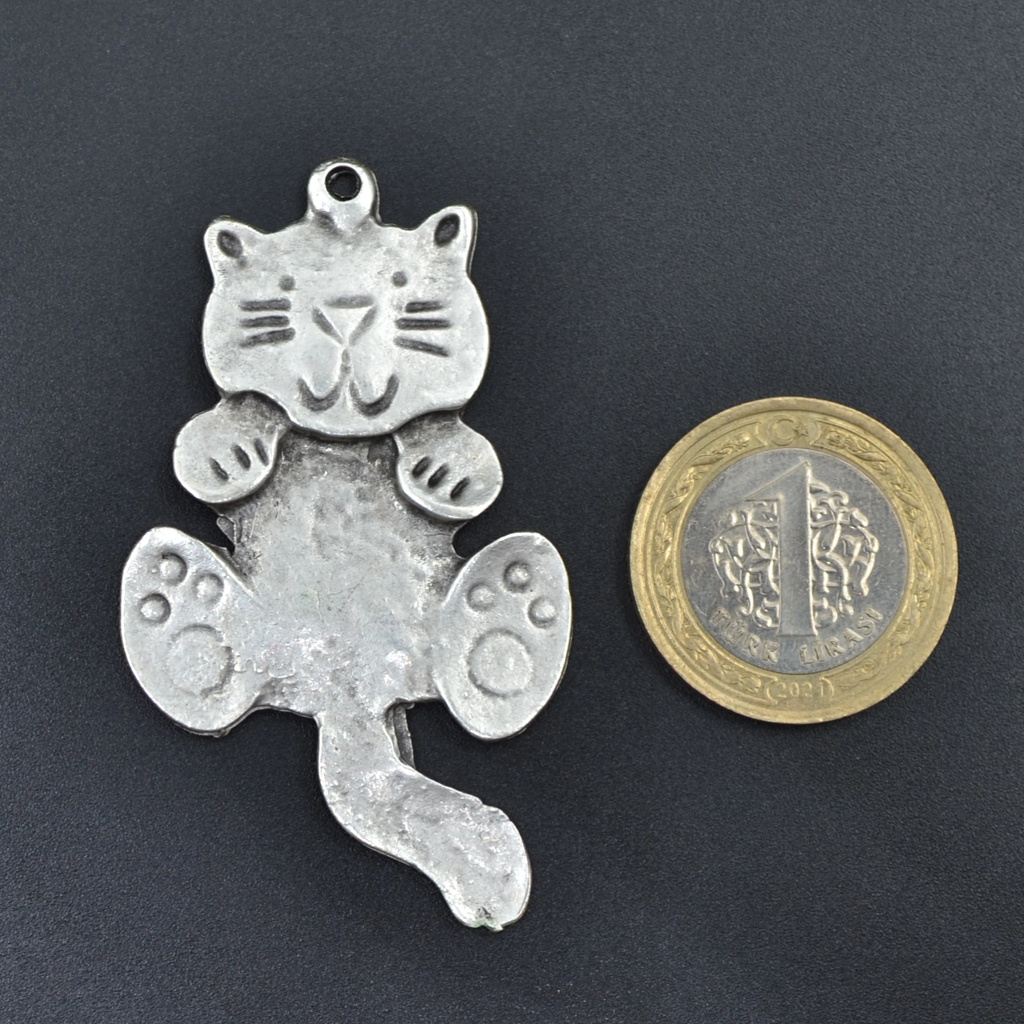 Büyük Kedi Kolye - Gümüş ( Silver ) Renk - 60 cm Örme Zincir Kolye