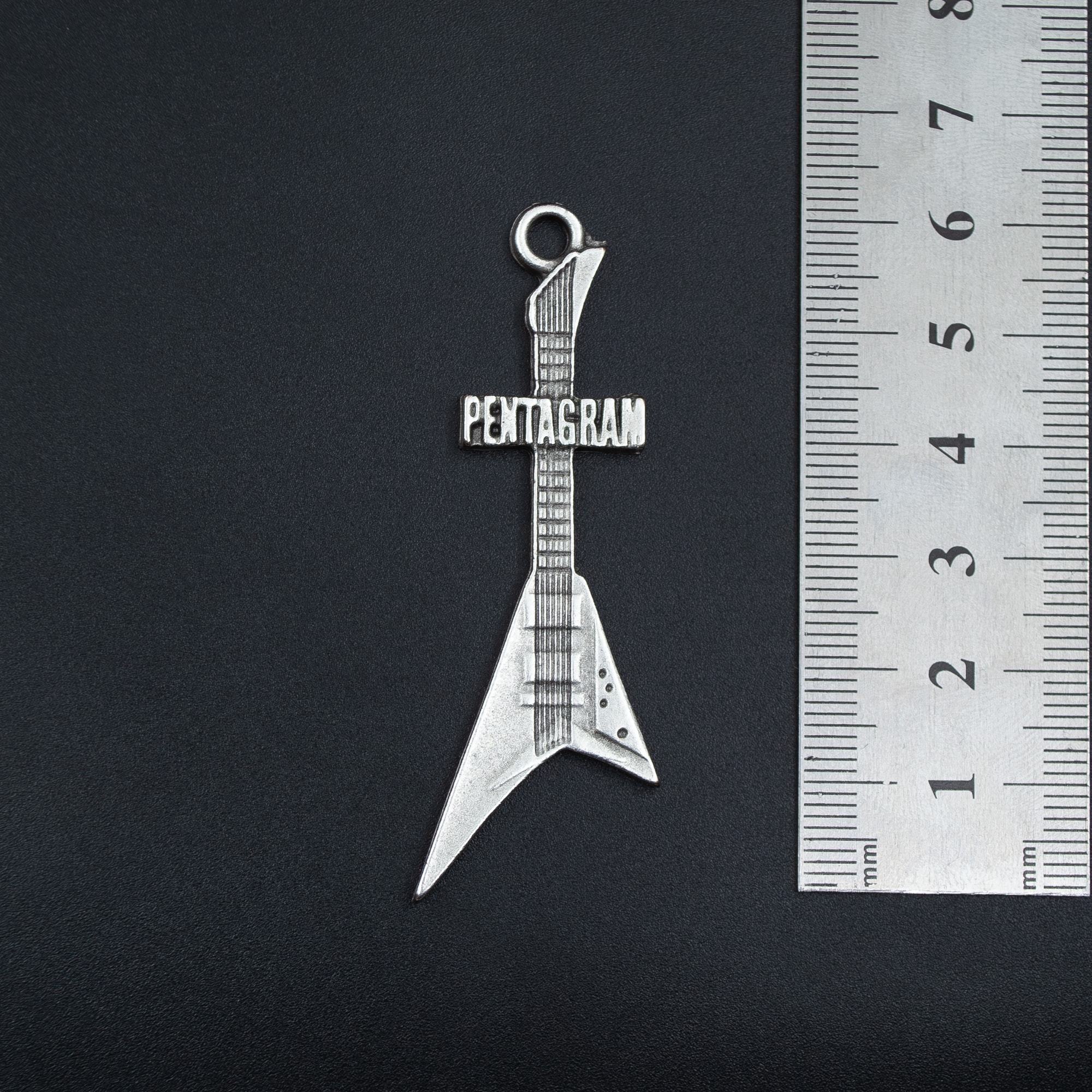 Pentagram Elektro Gitar Kolye - Gümüş ( Silver ) Renk - 60 cm Deri İp Kolye