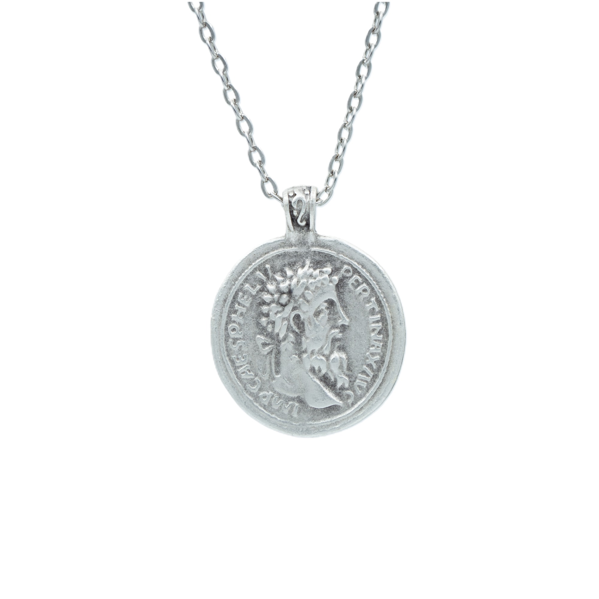 Roma Parası Sikke Kolye - Gümüş ( Silver ) Renk - 60 cm Düz Ezme Zincir Kolye