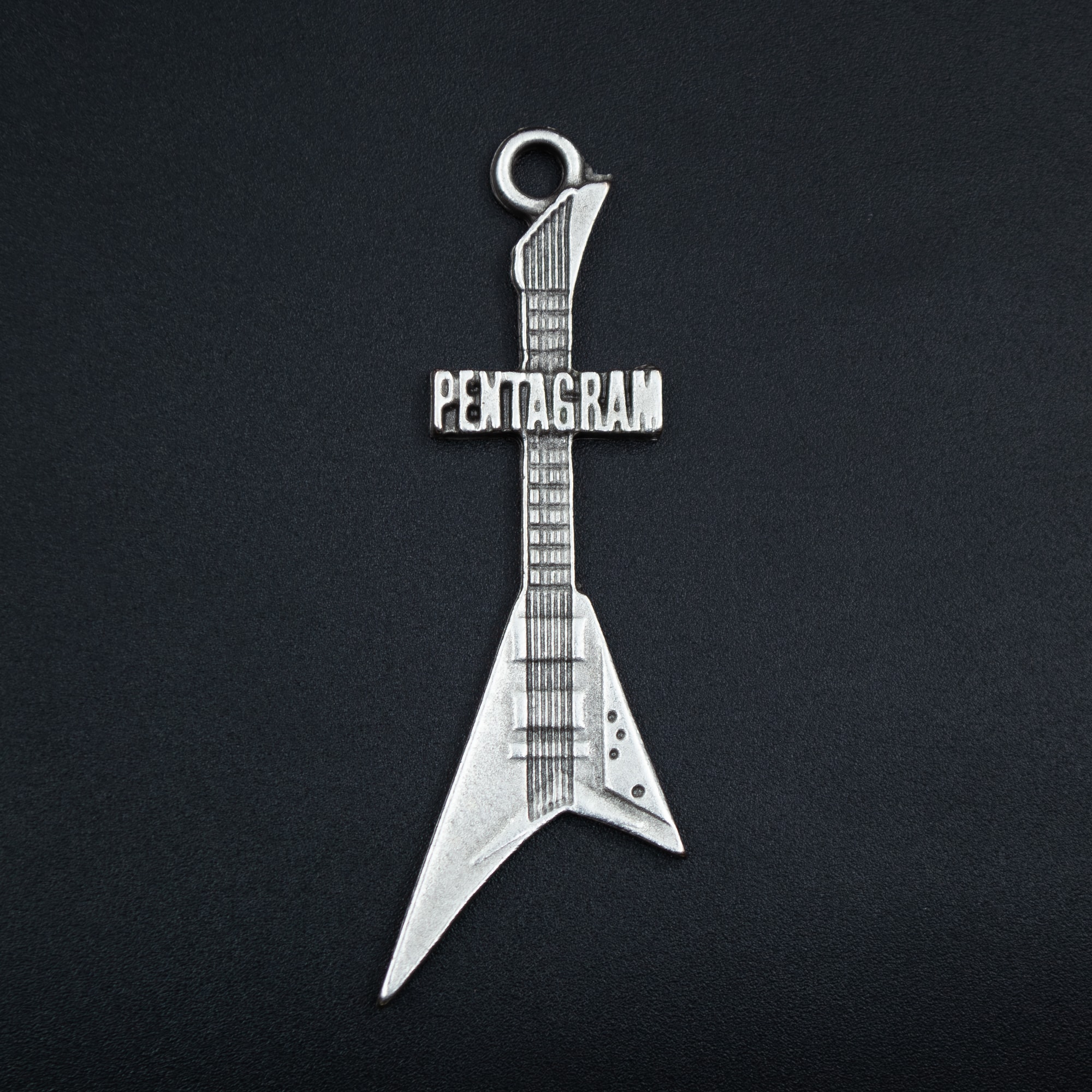 Pentagram Elektro Gitar Kolye - Gümüş ( Silver ) Renk - 60 cm Deri İp Kolye