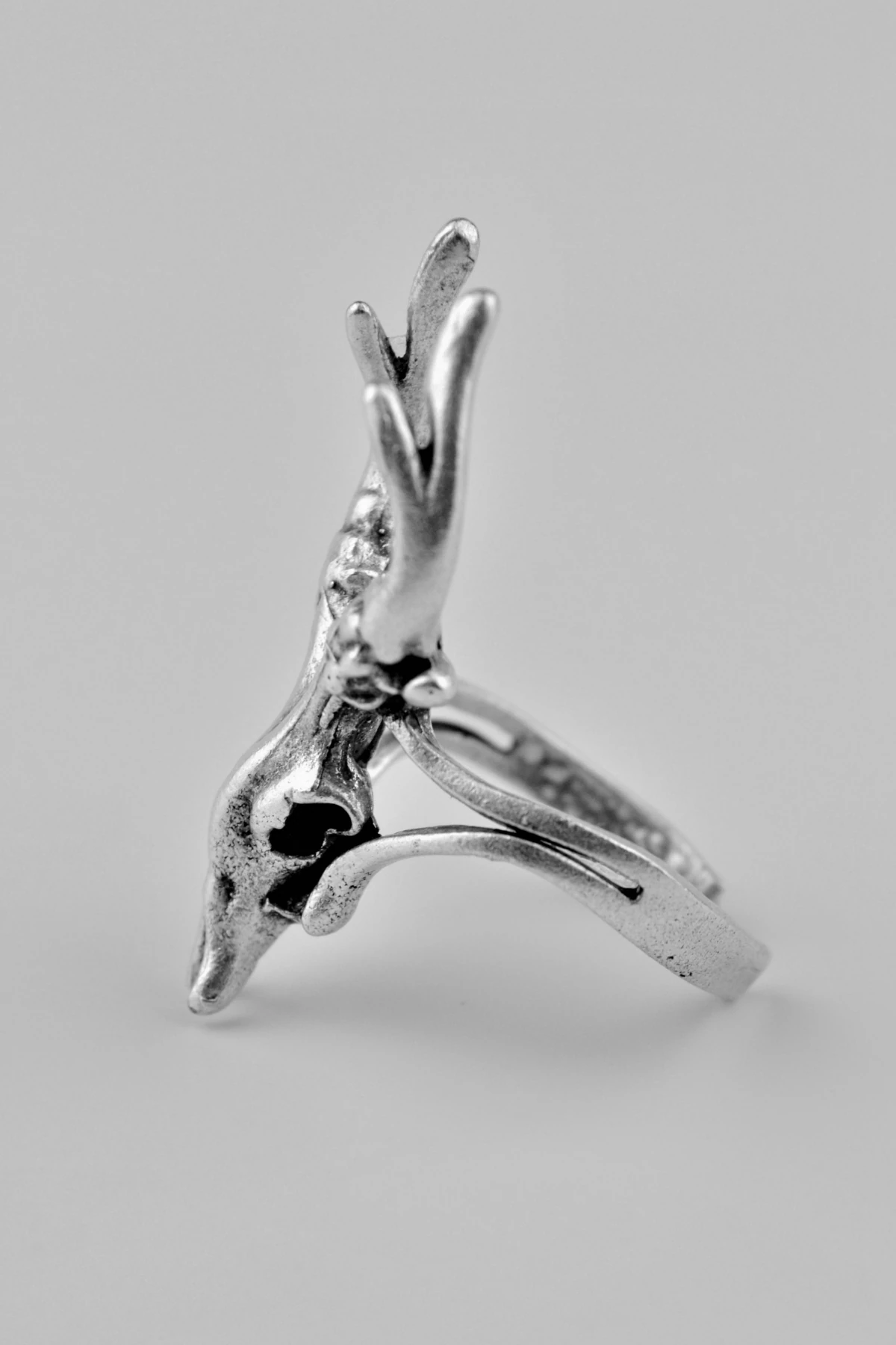 Geyik Başı Kuru Kafa Antik Gümüş Kaplama Ayarlamalı Erkek Kadın Yüzük