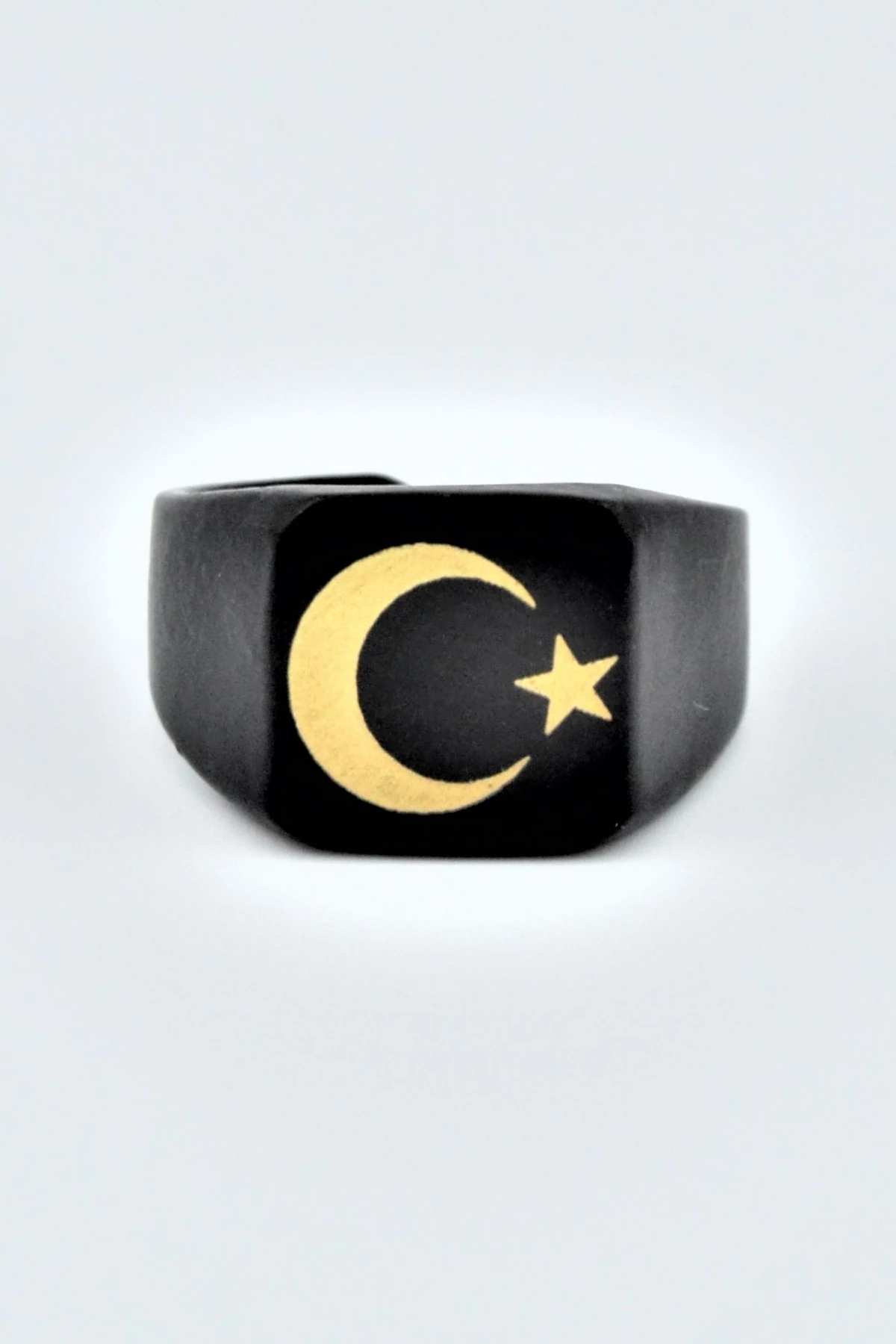 Ay Yıldız Kare Şovalye Mat Siyah Ayarlamalı Erkek Yüzük