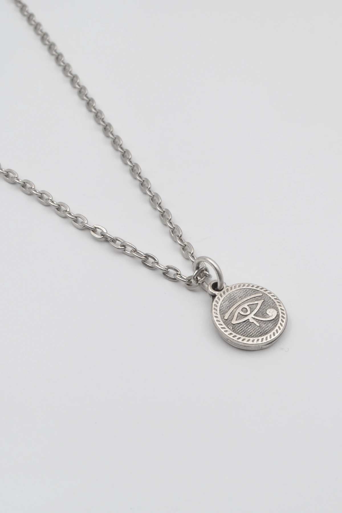 Horus'un Gözü Düz Ezme Zincir Kolye - Antik Gümüş Kaplama - Kadın Erkek - 60 cm