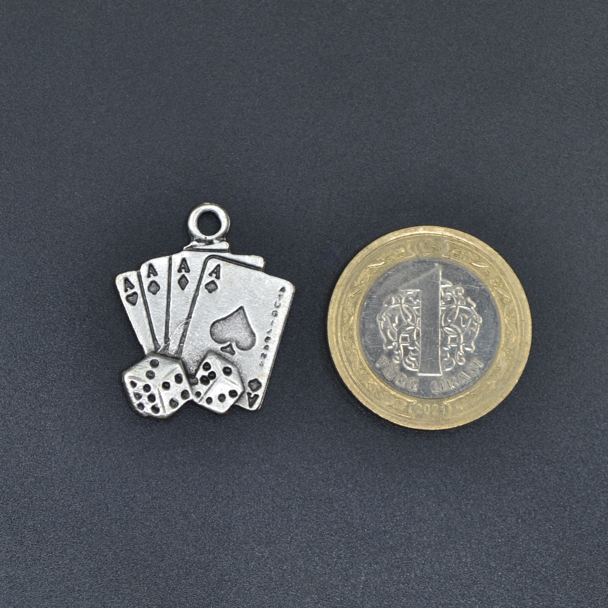 Maça As Poker İskambil - Zar Kolye - Gümüş ( Silver ) Renk - 60 cm Düz Ezme Zincir Kolye