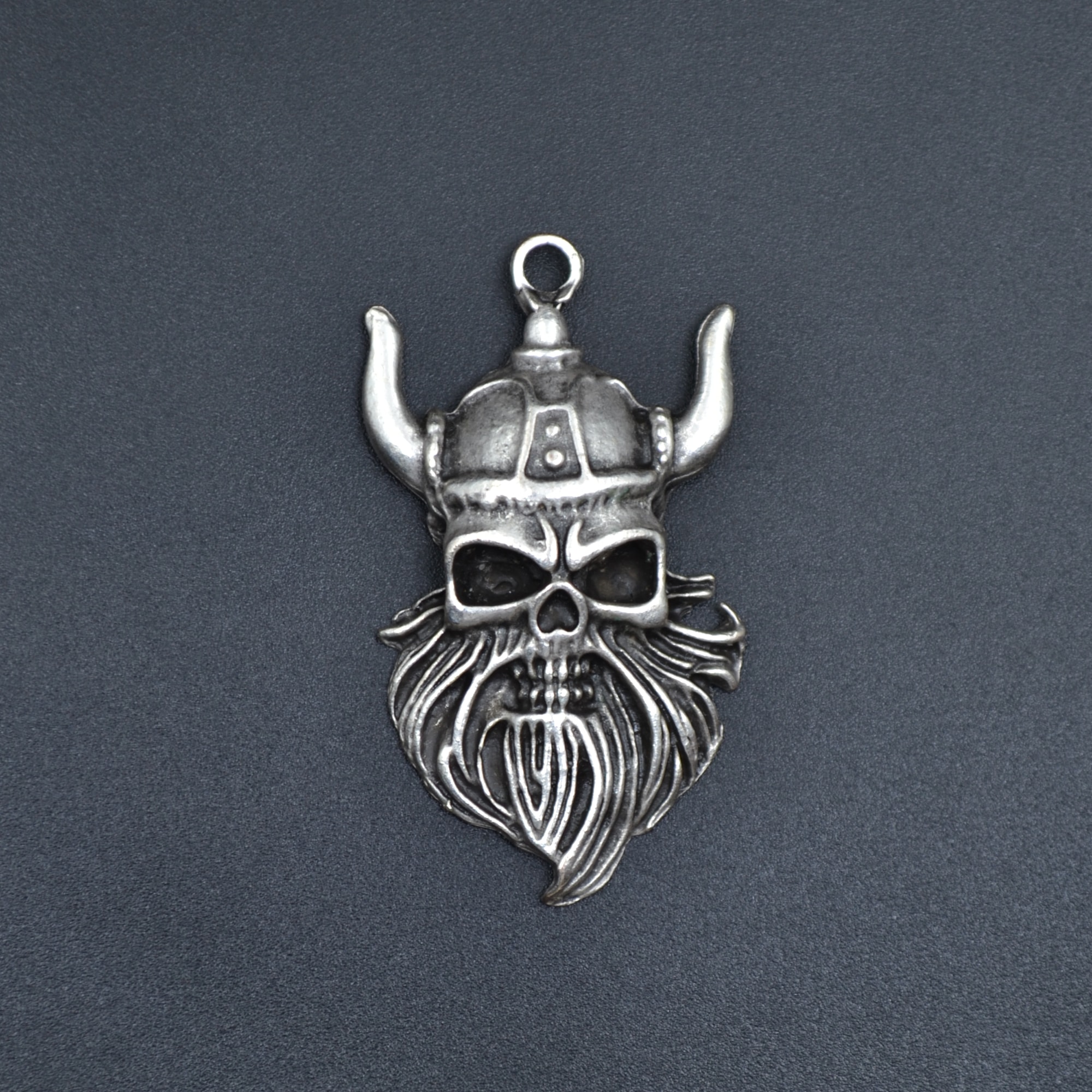 Viking Sakallı Kuru Kafa Kolye - Gümüş ( Silver ) Renk - 60 cm Deri İp Kolye