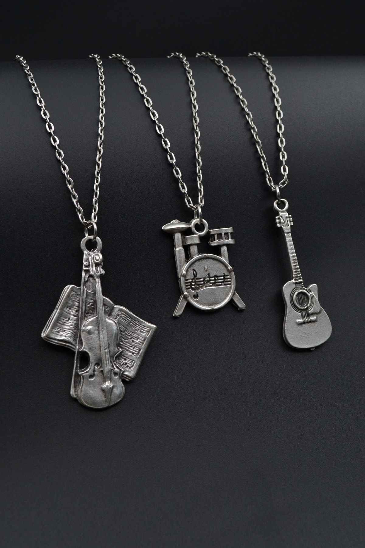 3'lü Keman Nota Defteri Bateri Gitar Erkek Kadın Kolye Seti