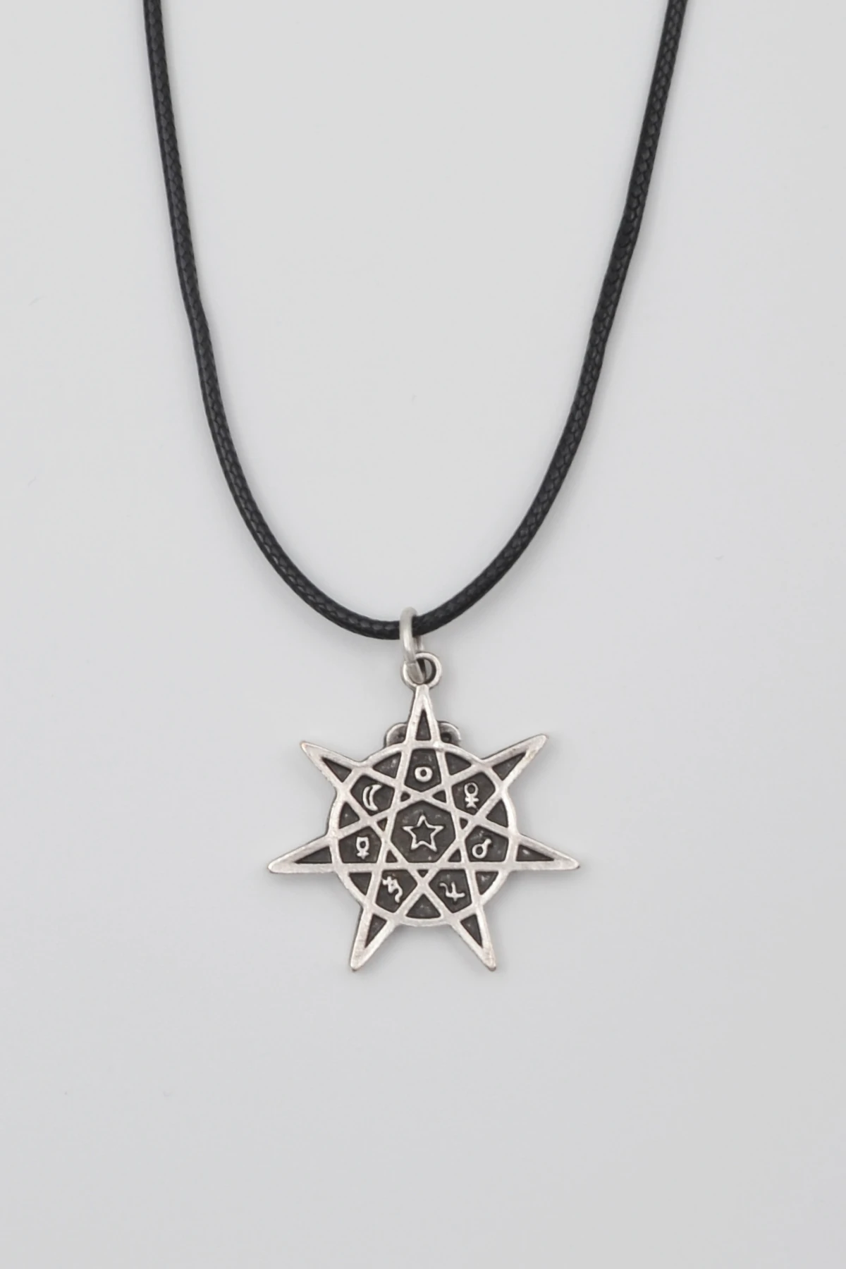 Astroloji 7 Nokta Yıldız Kolye - Gümüş ( Silver ) Renk - 60 cm Deri İp Kolye