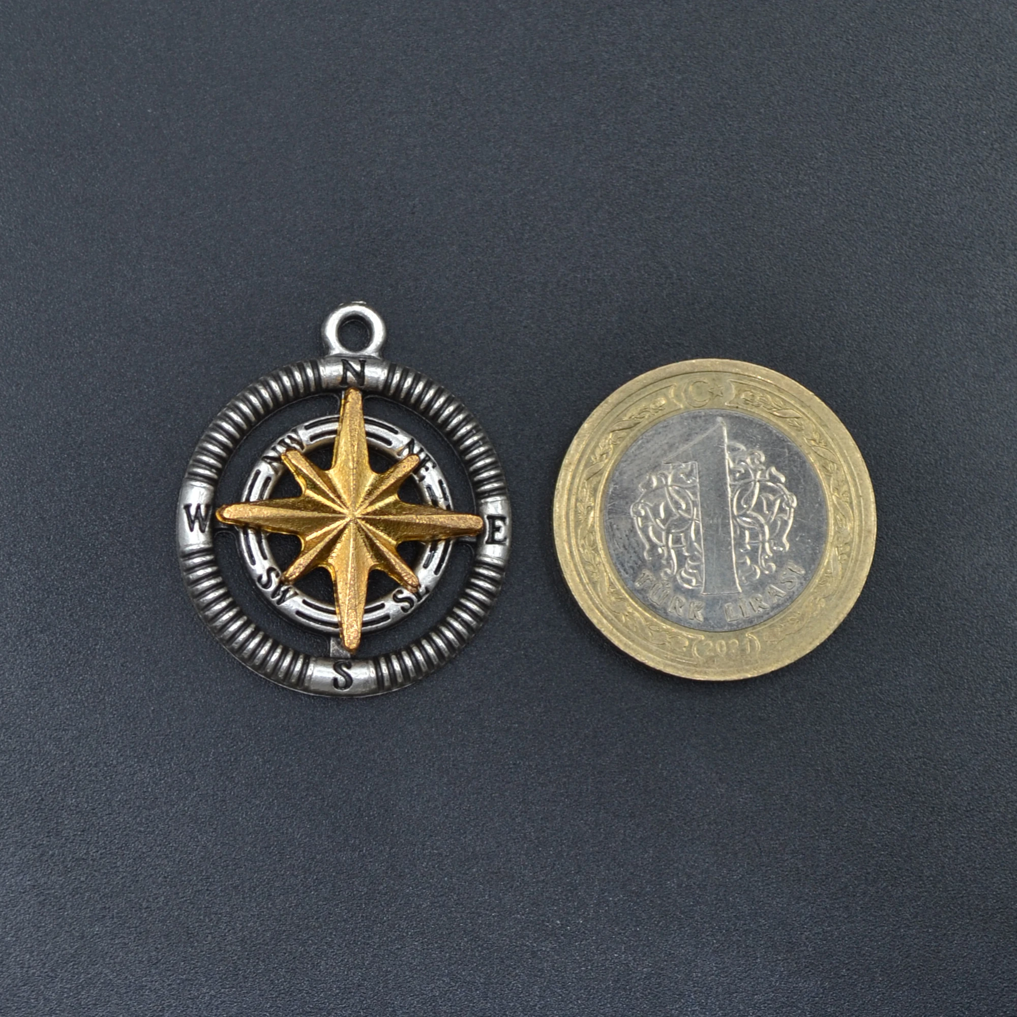 Kutup Yıldızı Detaylı Pusula Kolye - Gümüş ( Silver ) Renk