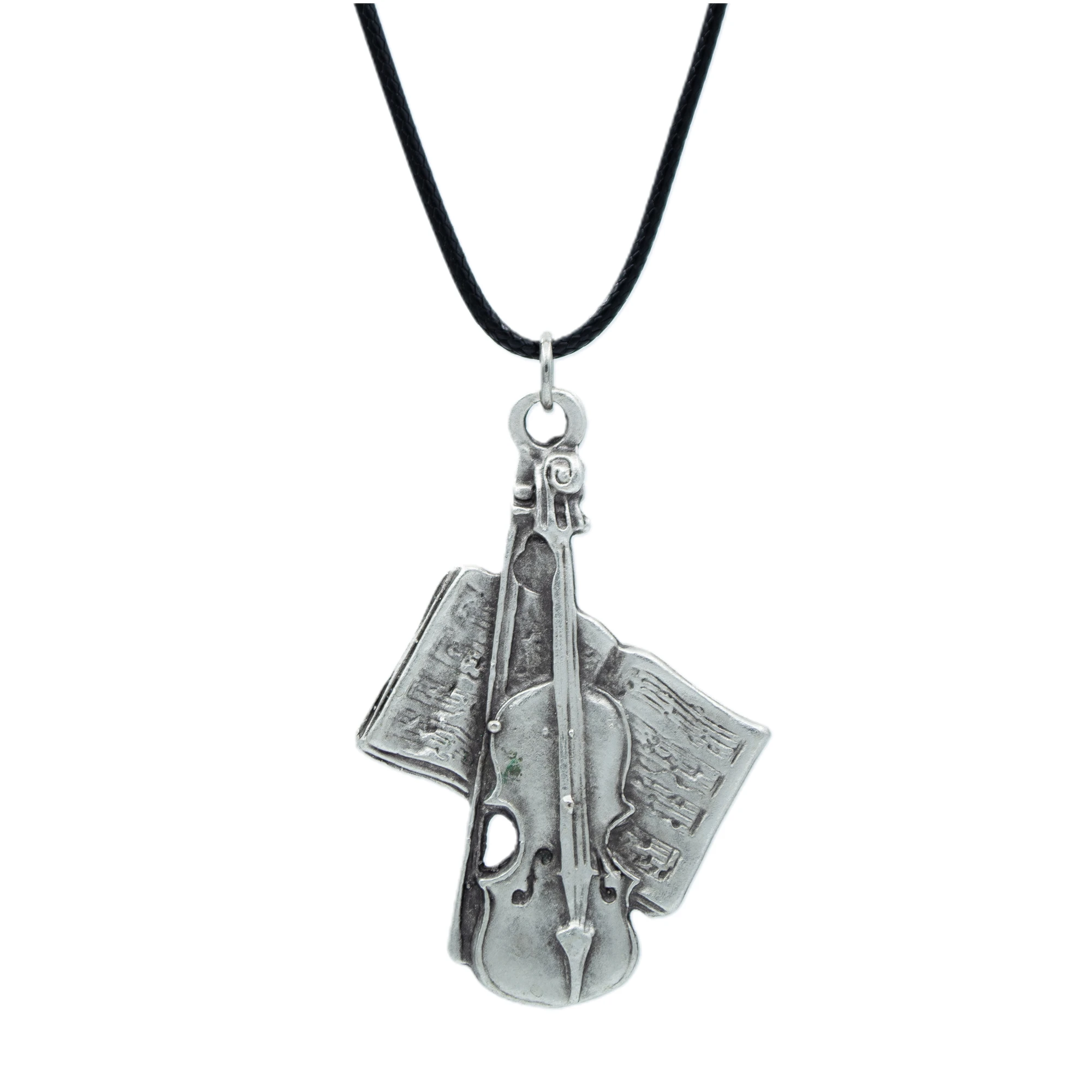 Keman - Nota Defteri Kolye - Gümüş ( Silver ) Renk - 60 cm Deri İp Kolye