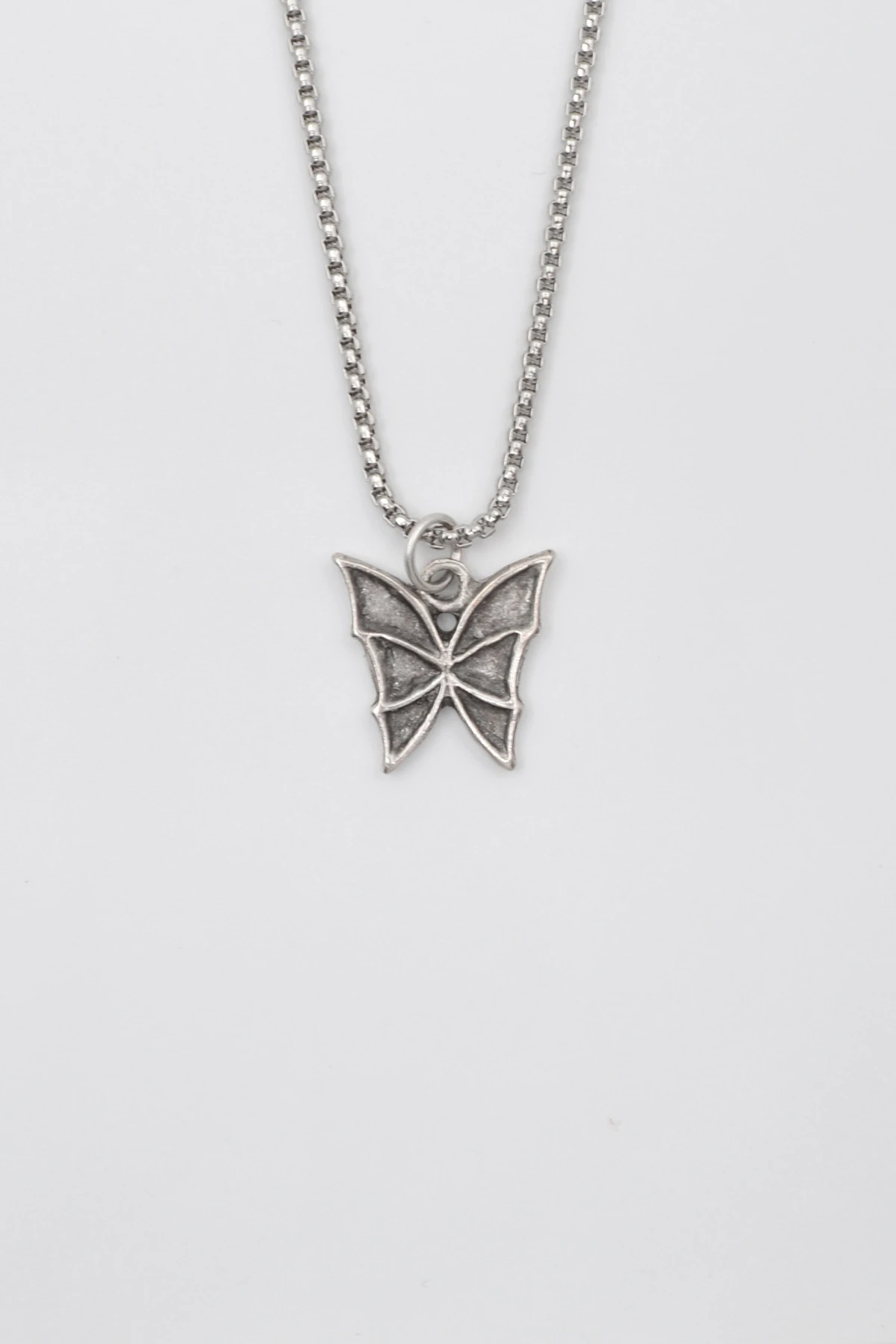 Kelebek Örme Zincir Kolye - Antik Gümüş Kaplama - Kadın Erkek - 60 cm