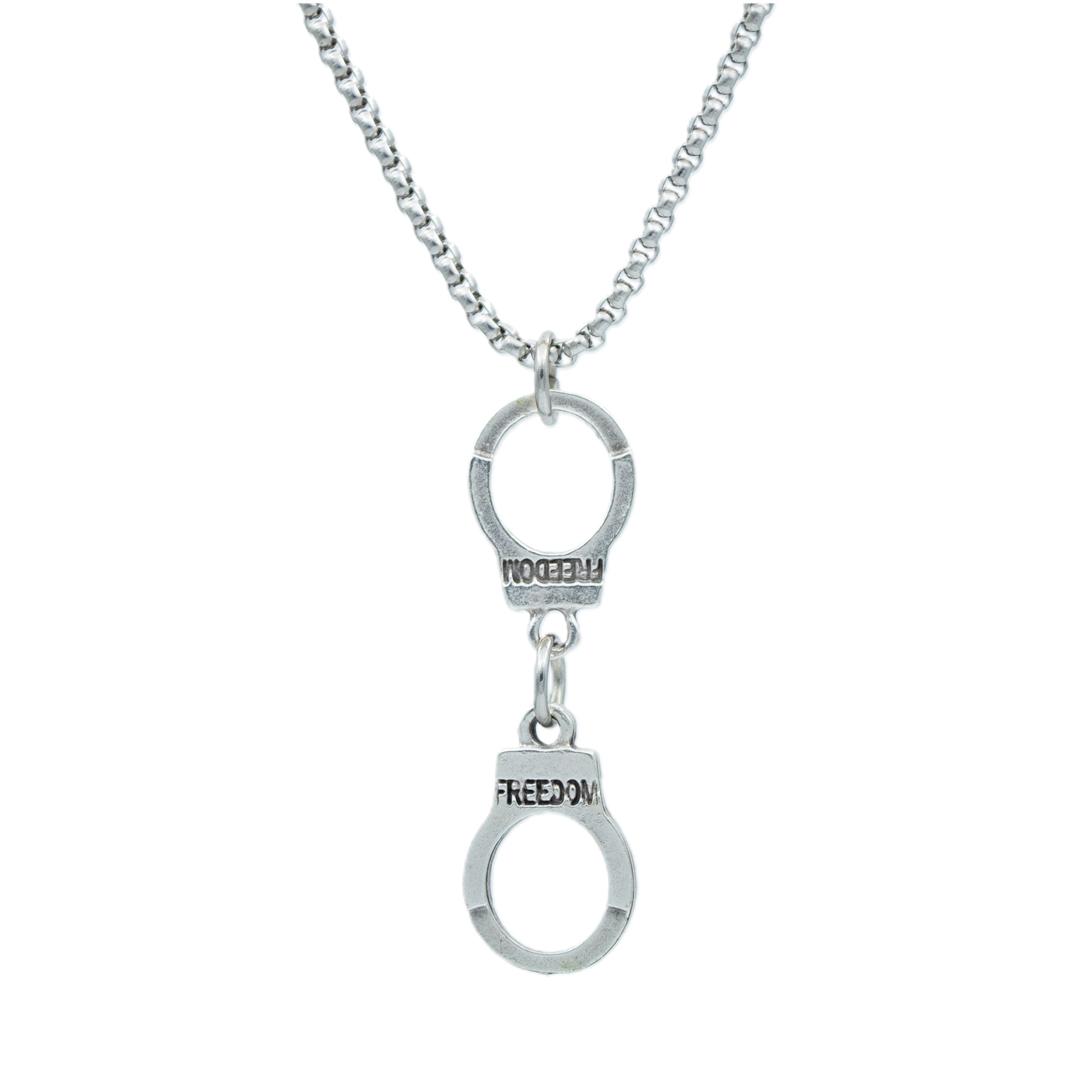 Freedom - Kelepçe Kolye - Gümüş ( Silver ) Renk - 60 cm Örme Zincir Kolye