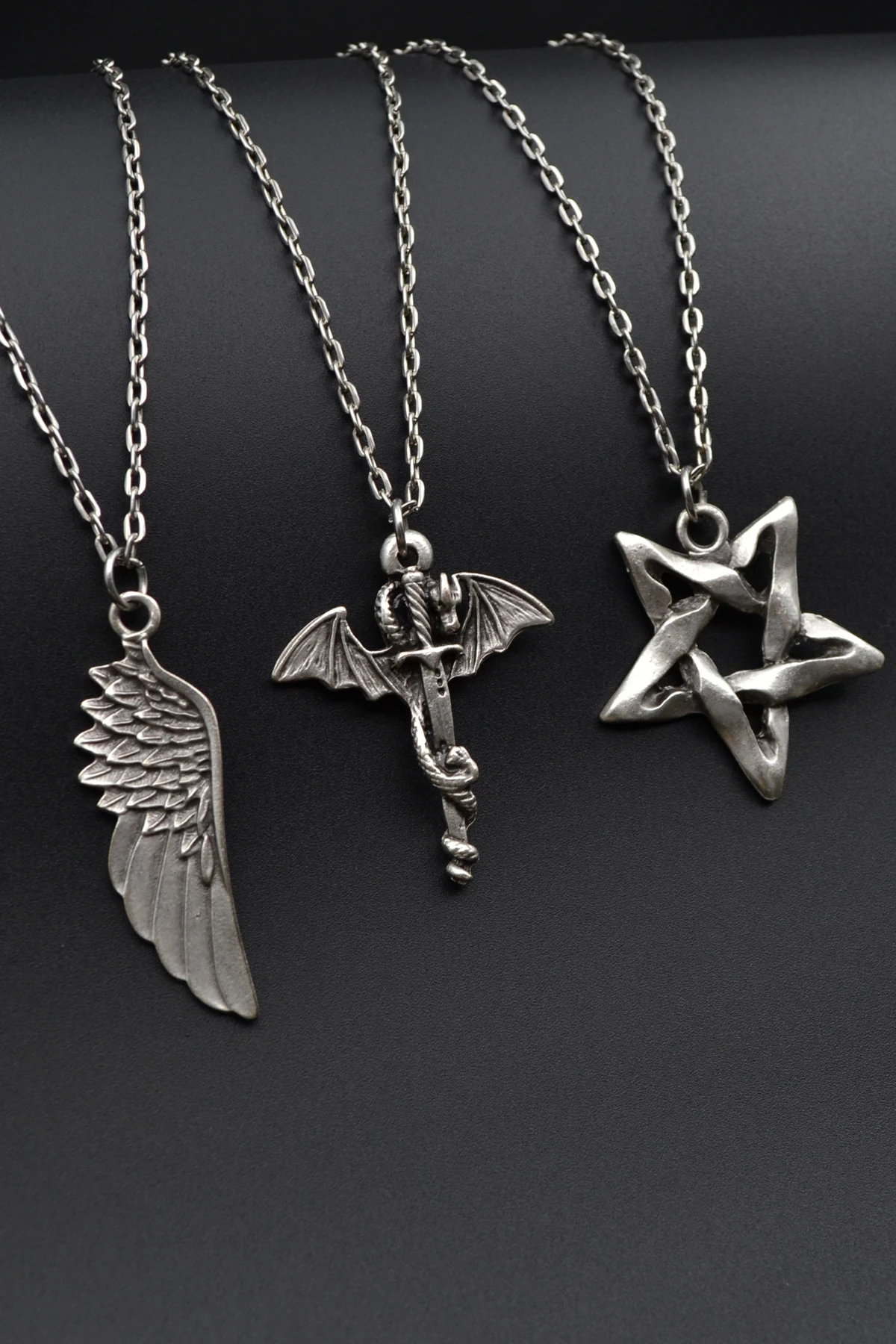 3'lü Ejderha Kılıç Büyük Kanat Pentagram Erkek Kadın Kolye Seti