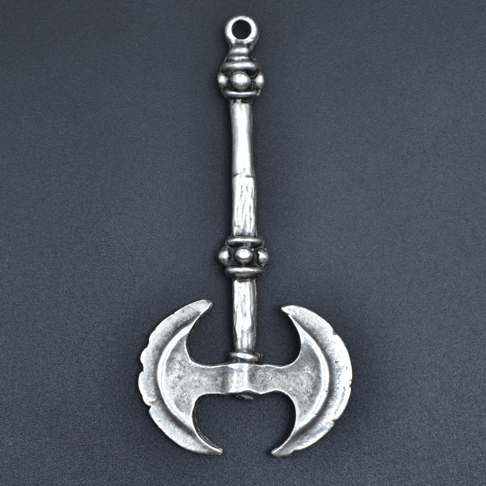 Çift Taraflı Savaşçı Balta Kolye - Gümüş ( Silver ) Renk - 60 cm Deri İp Kolye