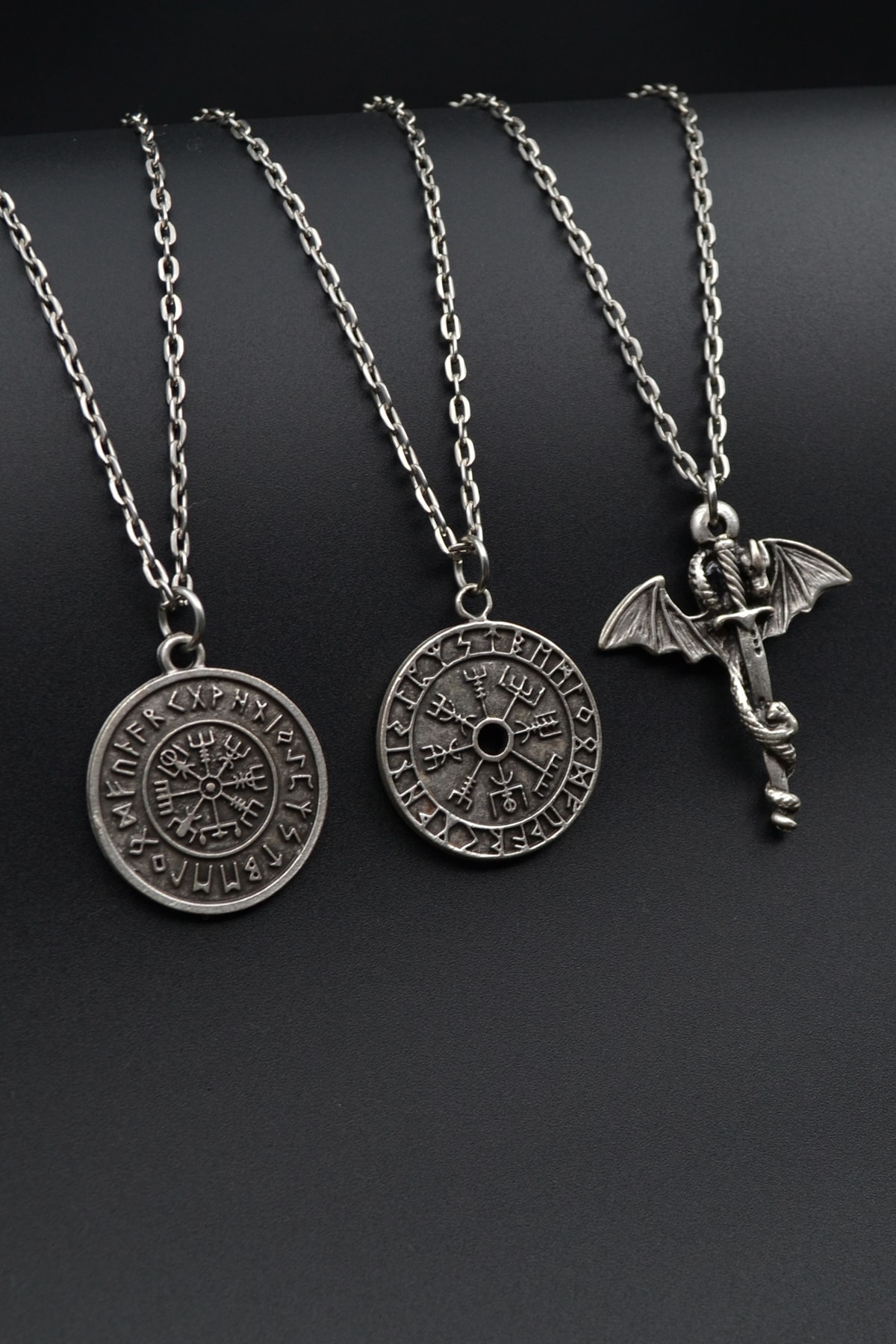 3'lü Ejderha Kılıç Viking Pusula Tılsım Erkek Kadın Kolye Seti