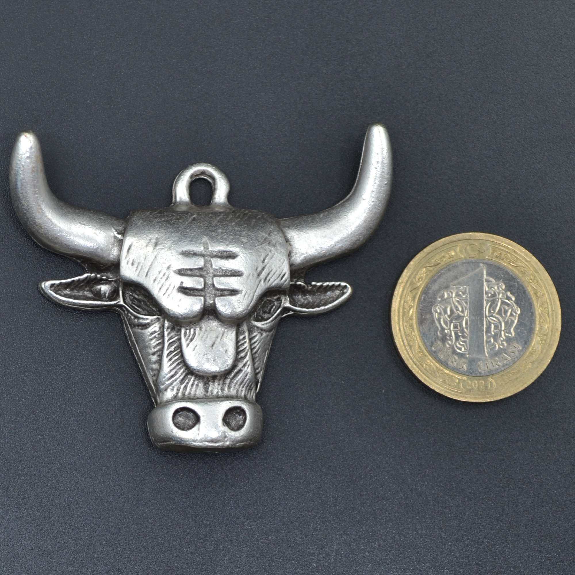 Boğa Kolye - Gümüş ( Silver ) Renk - 60 cm Deri İp Kolye