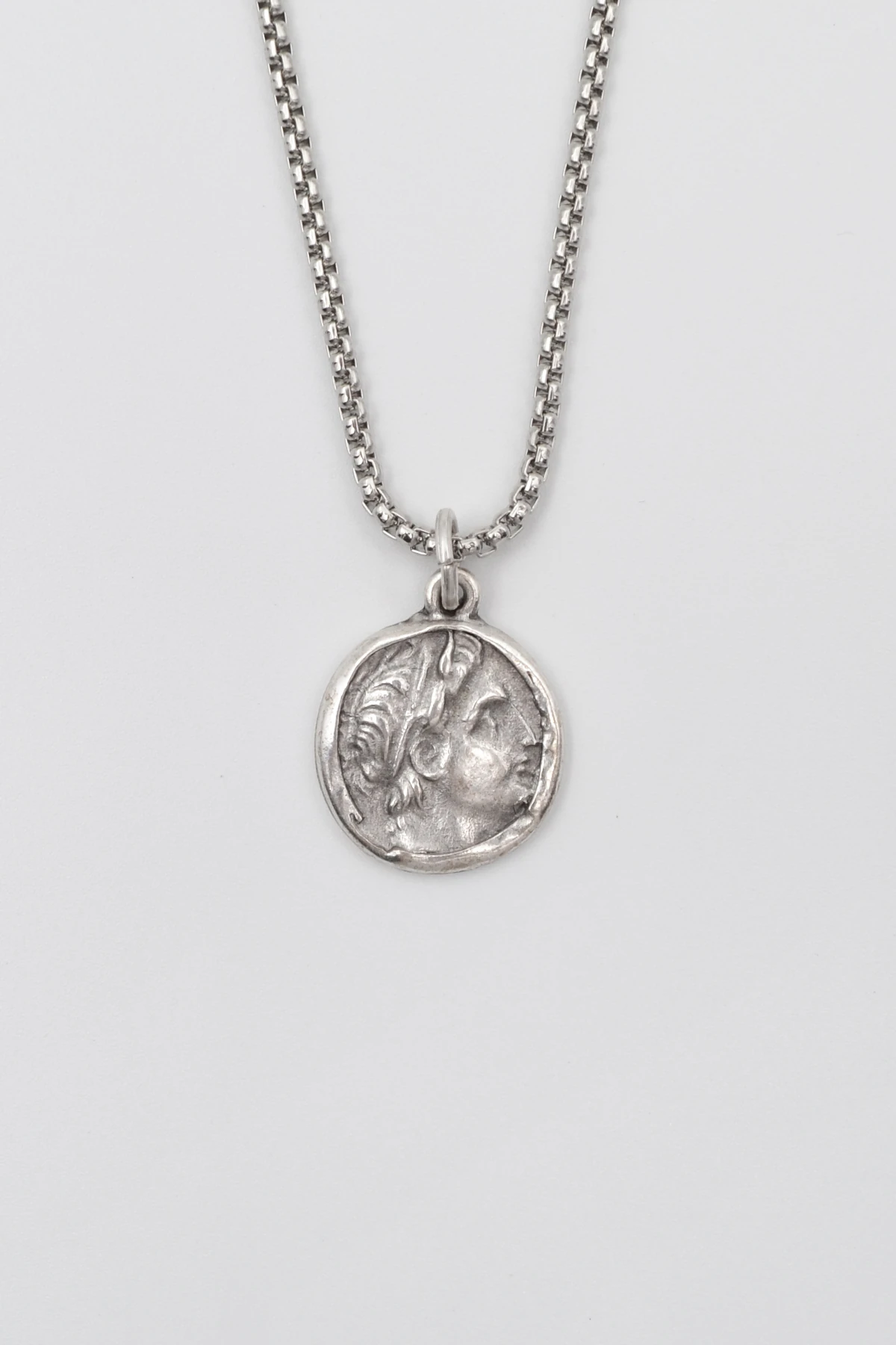 Yunan Antik Makedonya Kralı Büyük İskender Örme Zincir Kolye - Antik Gümüş Kaplama - Kadın Erkek - 60 cm