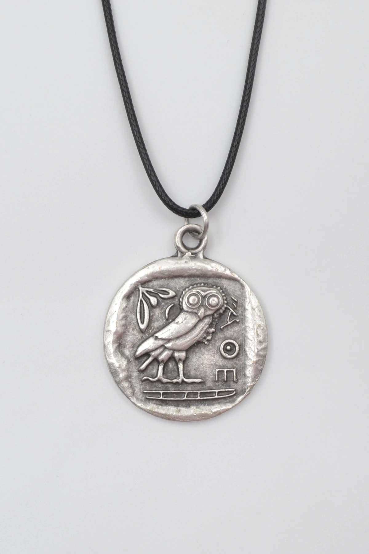 Yunan Mitolojisi Baykuş Siyah Deri İp Kolye - Antik Gümüş Kaplama - Kadın Erkek - 60 cm