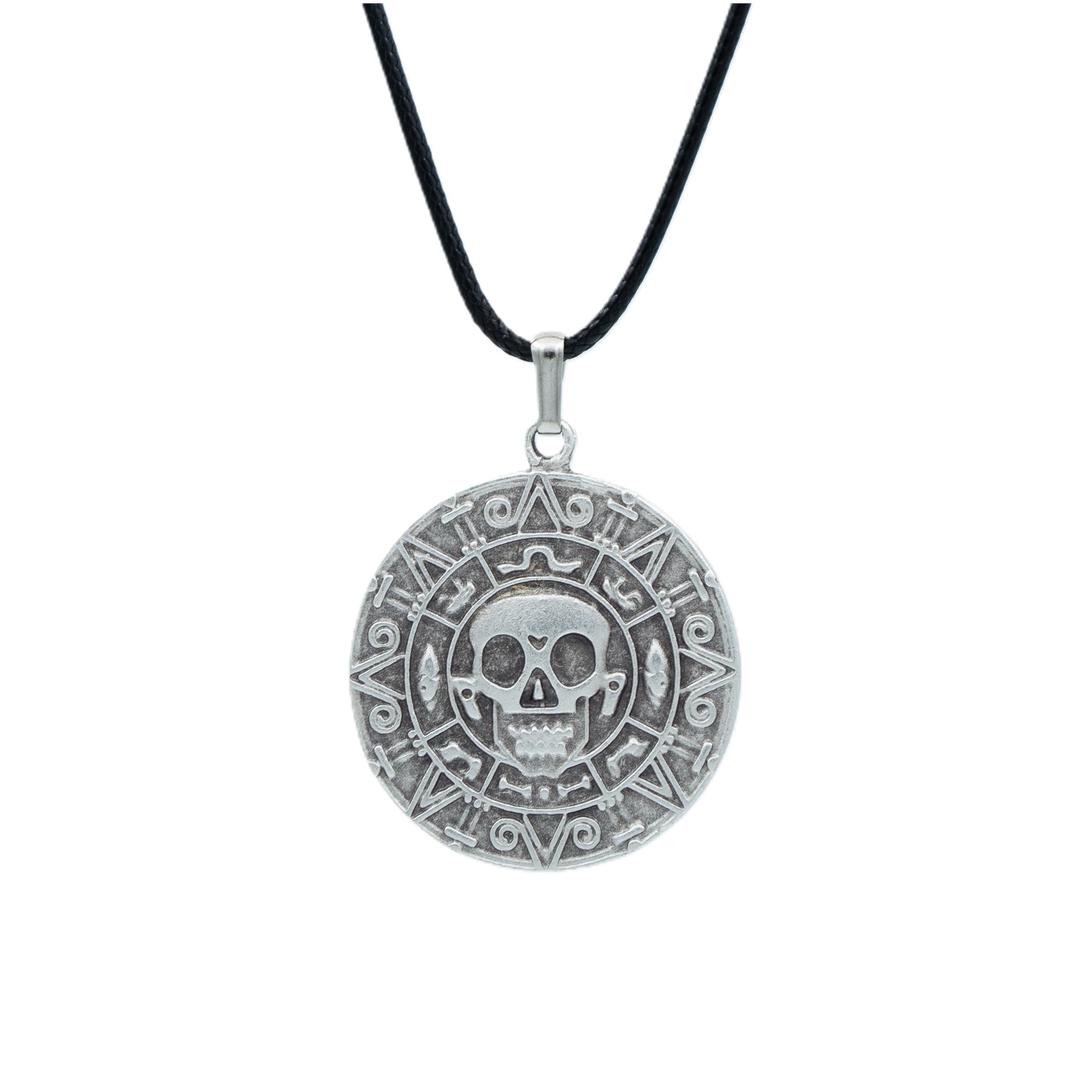 Aztec Karayip Korsanları Madalyon Kolye - Gümüş ( Silver ) Renk - 60 cm Deri İp Kolye
