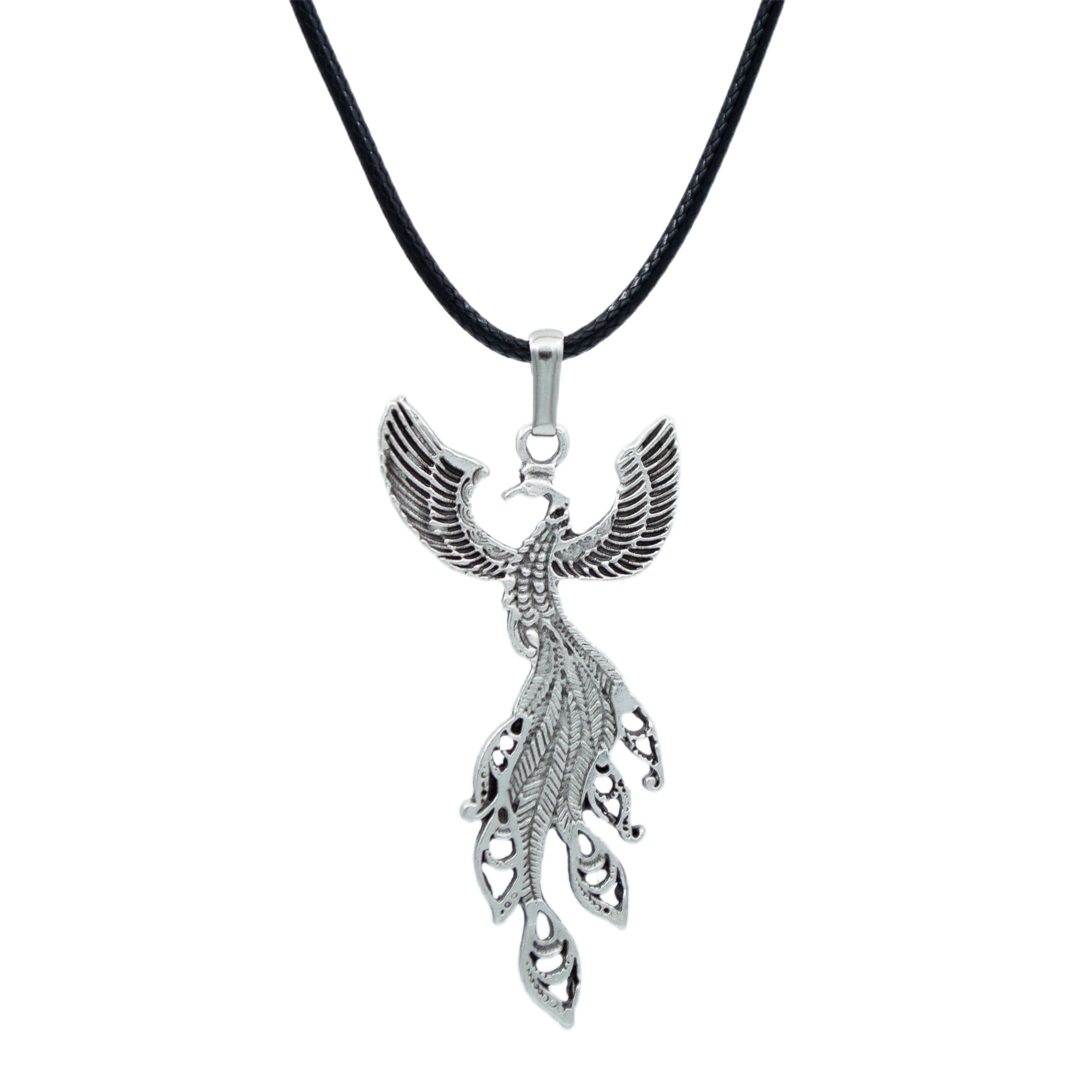 Zümrüdü Anka Kuşu Kolye - Gümüş ( Silver ) Renk - 60 cm Deri İp Kolye