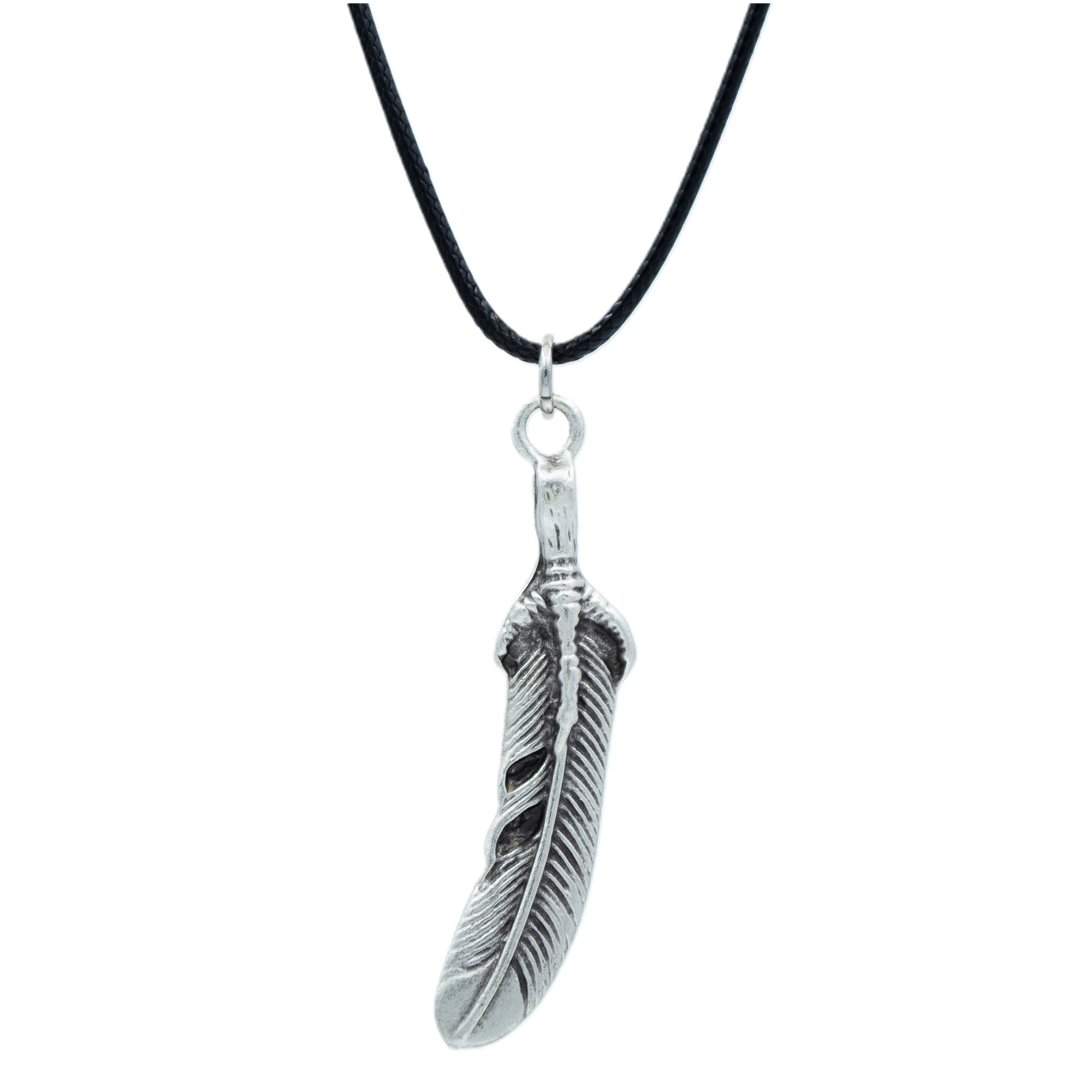 Kuş Tüyü Şeklinde Kolye - Gümüş ( Silver ) Renk - 60 cm Deri İp Kolye