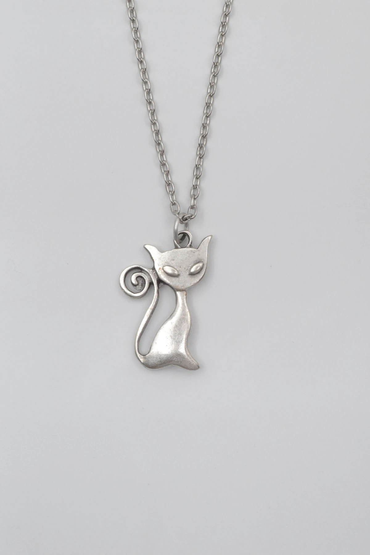 Mistik Kedi Düz Ezme Zincir Kolye - Antik Gümüş Kaplama - Kadın Erkek - 60 cm