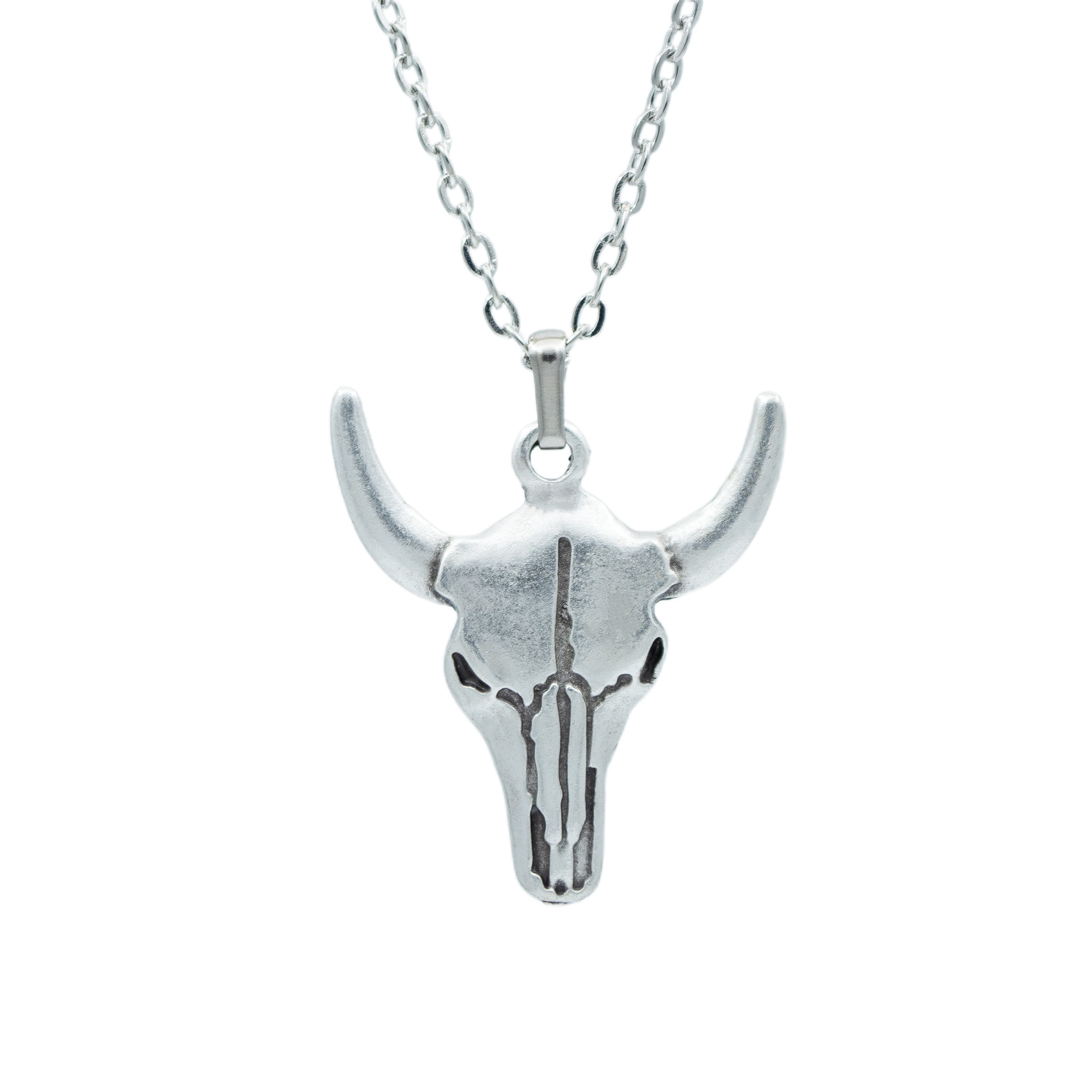 Boğa - Kuru Kafa Kolye - Gümüş ( Silver ) Renk - 60 cm Düz Ezme Zincir Kolye