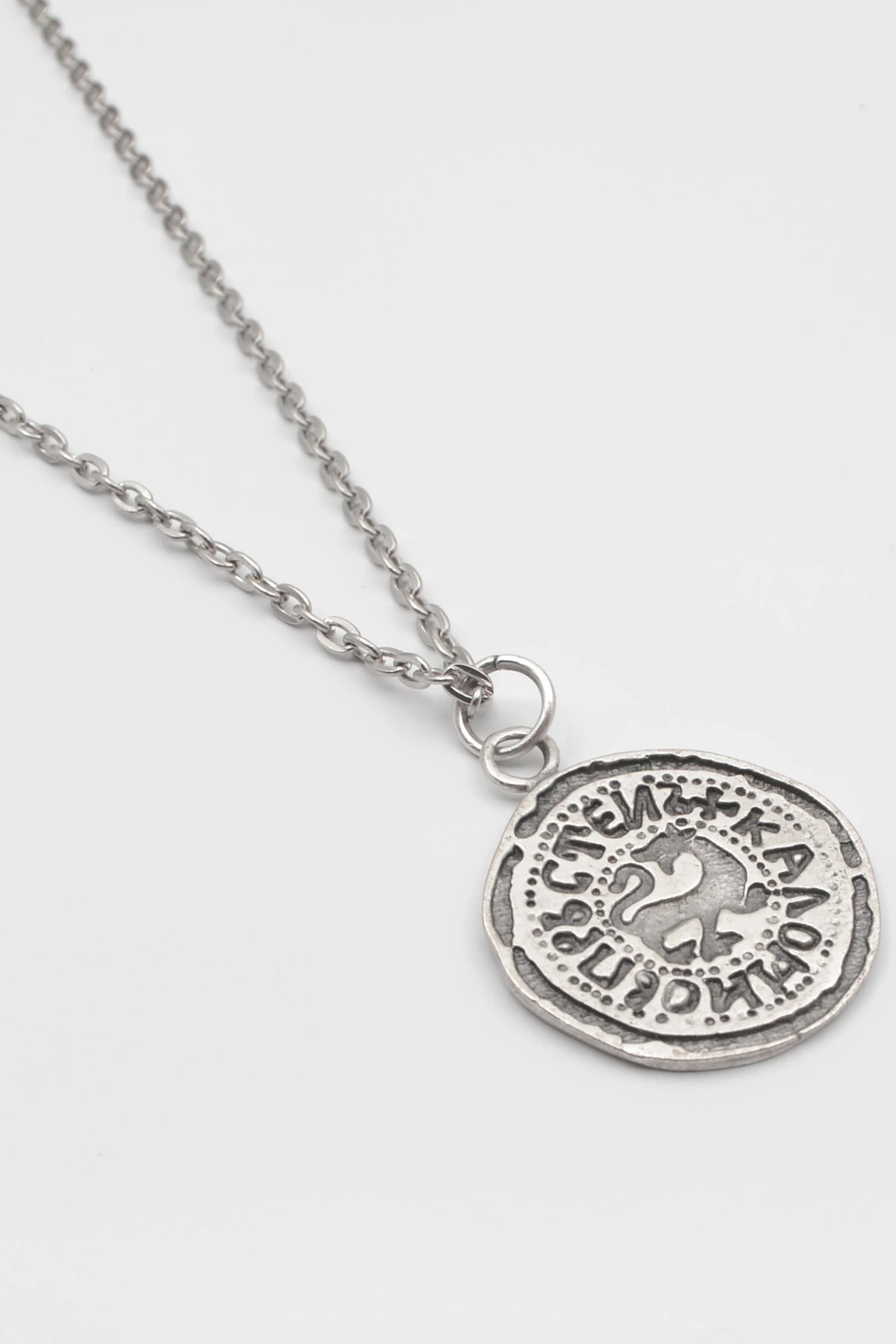 Kaloyan's Madalyon Düz Ezme Zincir Kolye - Antik Gümüş Kaplama - Kadın Erkek - 60 cm