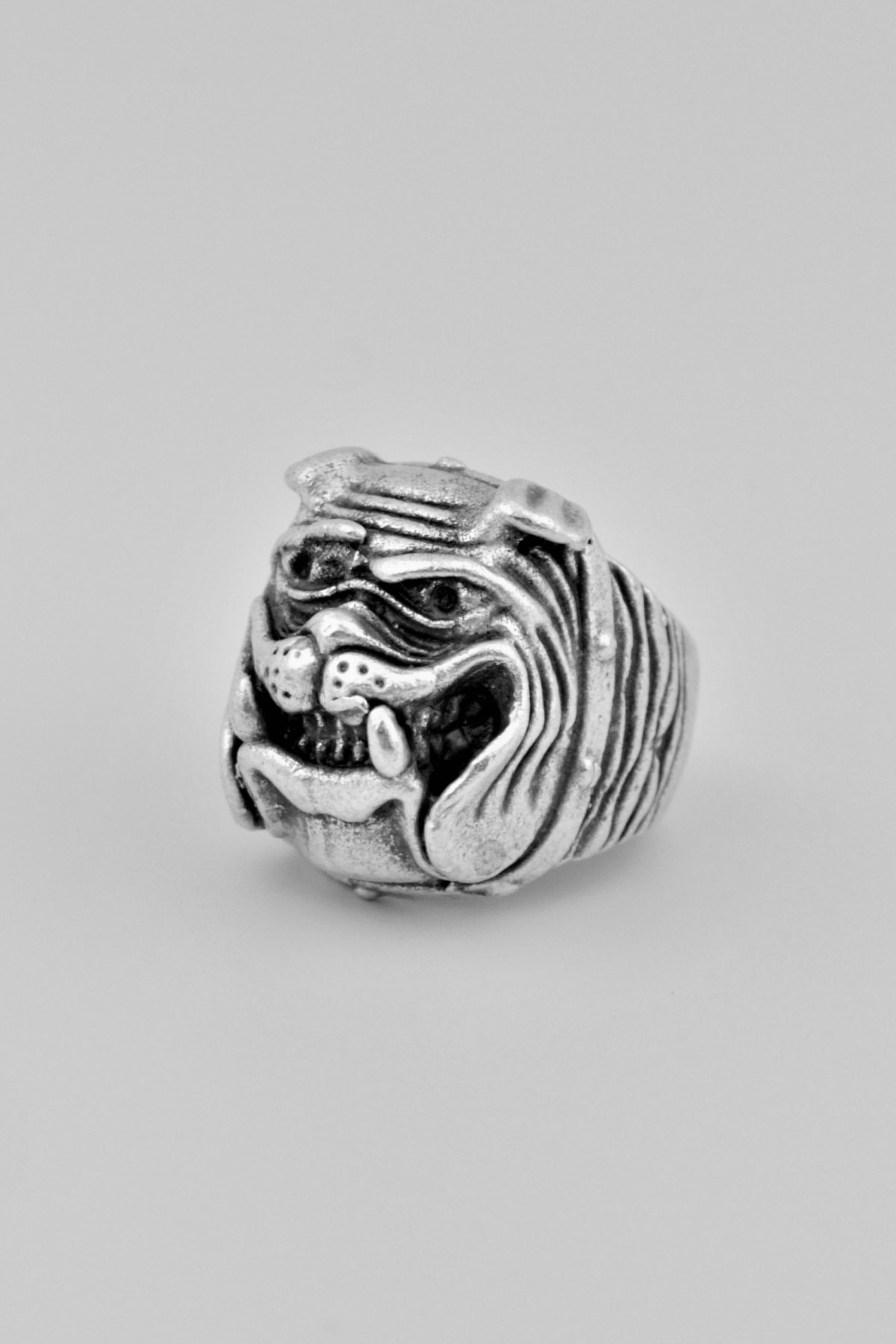 Bulldog Köpek Kafası Gümüş Kaplama Ayarlamalı Erkek Yüzük