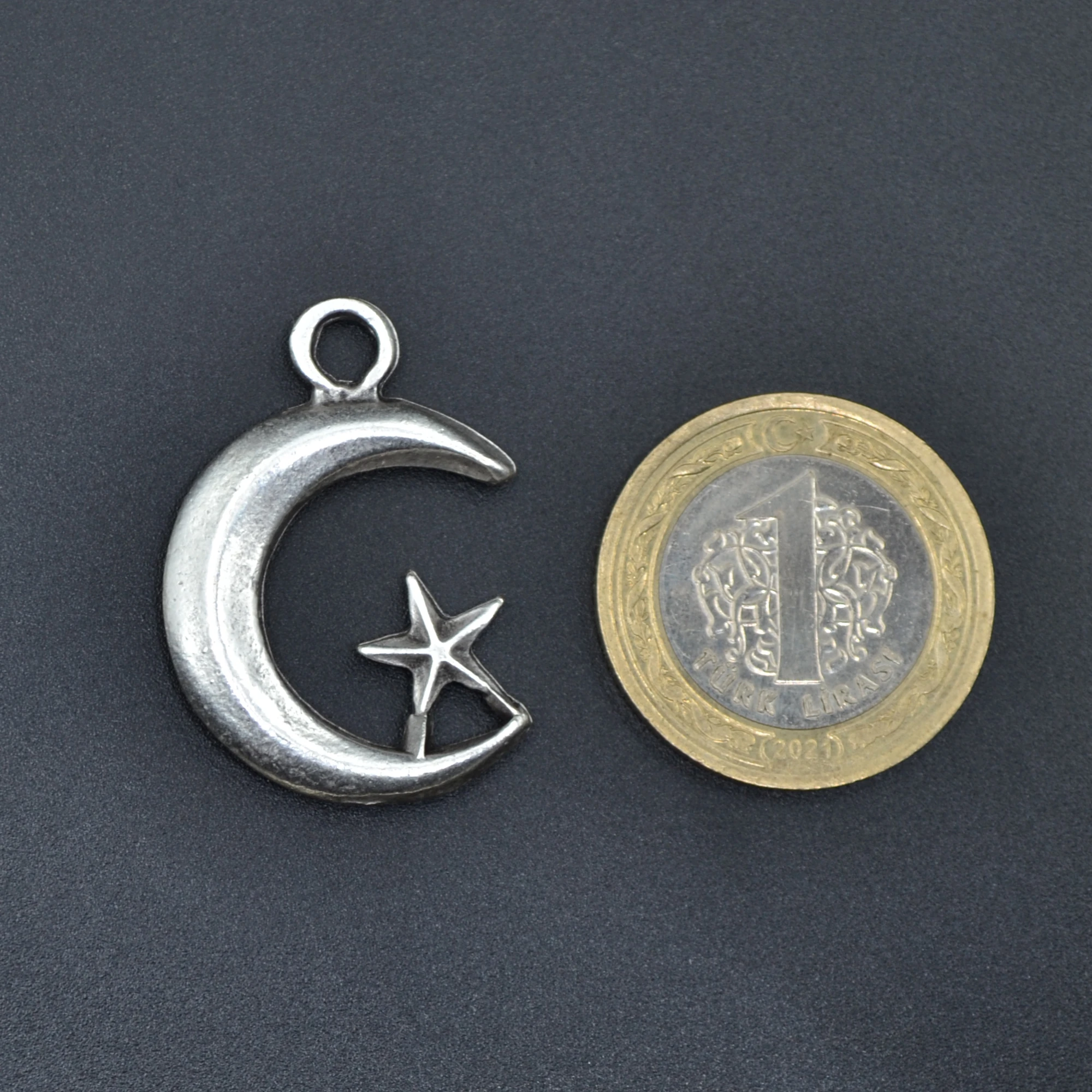 Ay Yıldız Kolye - Gümüş ( Silver ) Renk - 60 cm Deri İp Kolye