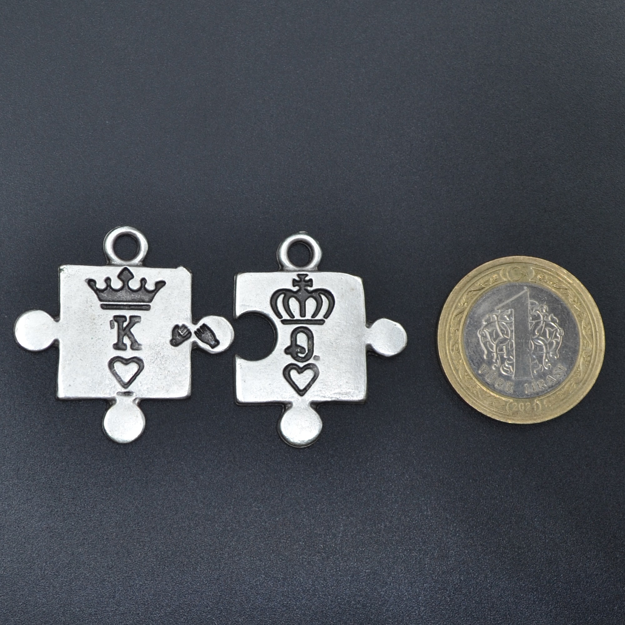 Puzzle - Queen - King Kolye Ucu - Gümüş ( Silver ) Renk