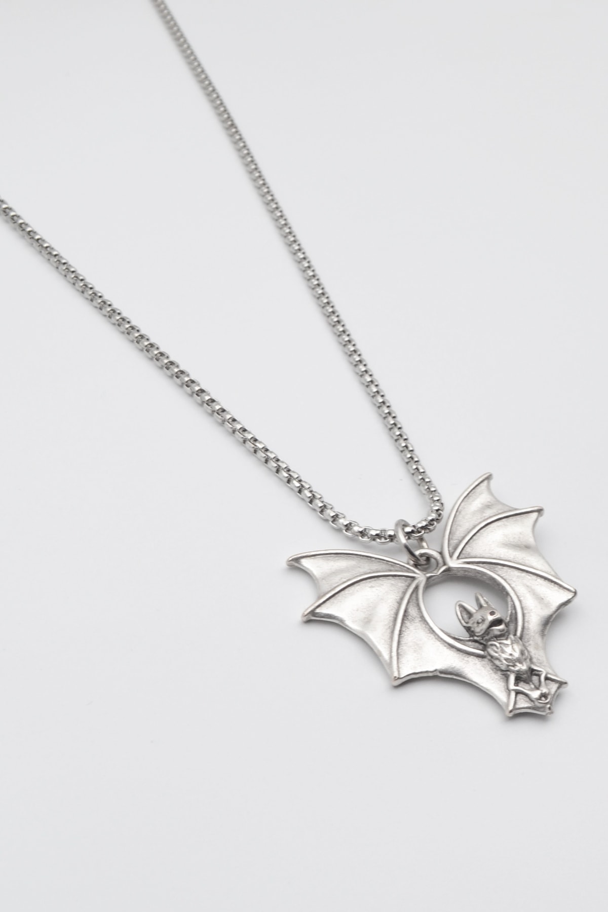 Gotik Yarasa Kolye - Gümüş ( Silver ) Renk - 60 cm Örme Zincir Kolye
