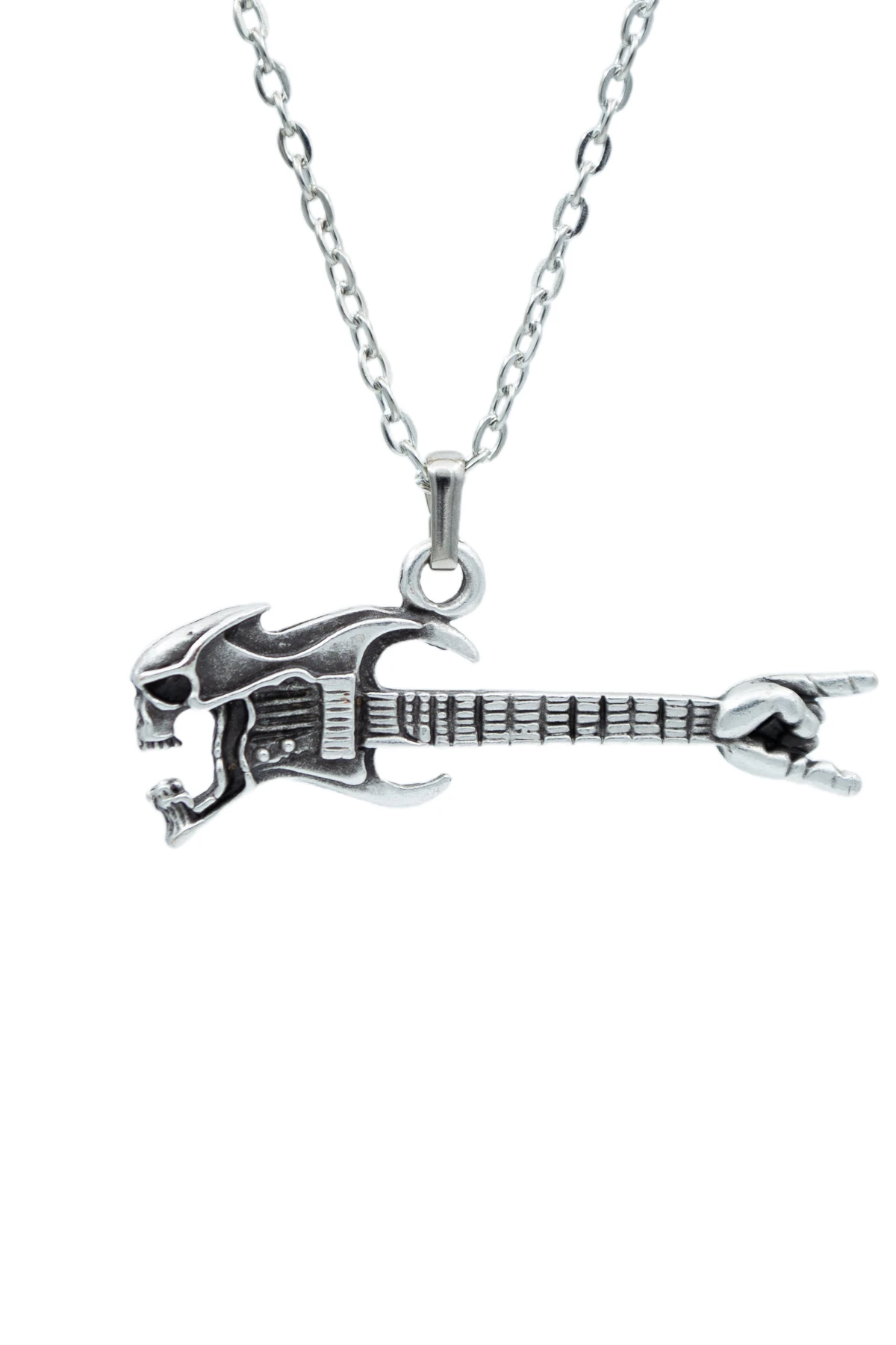 3'lü Pentagram Kuru Kafa Gitar Diablo Kalkan Erkek Kadın Kolye Seti