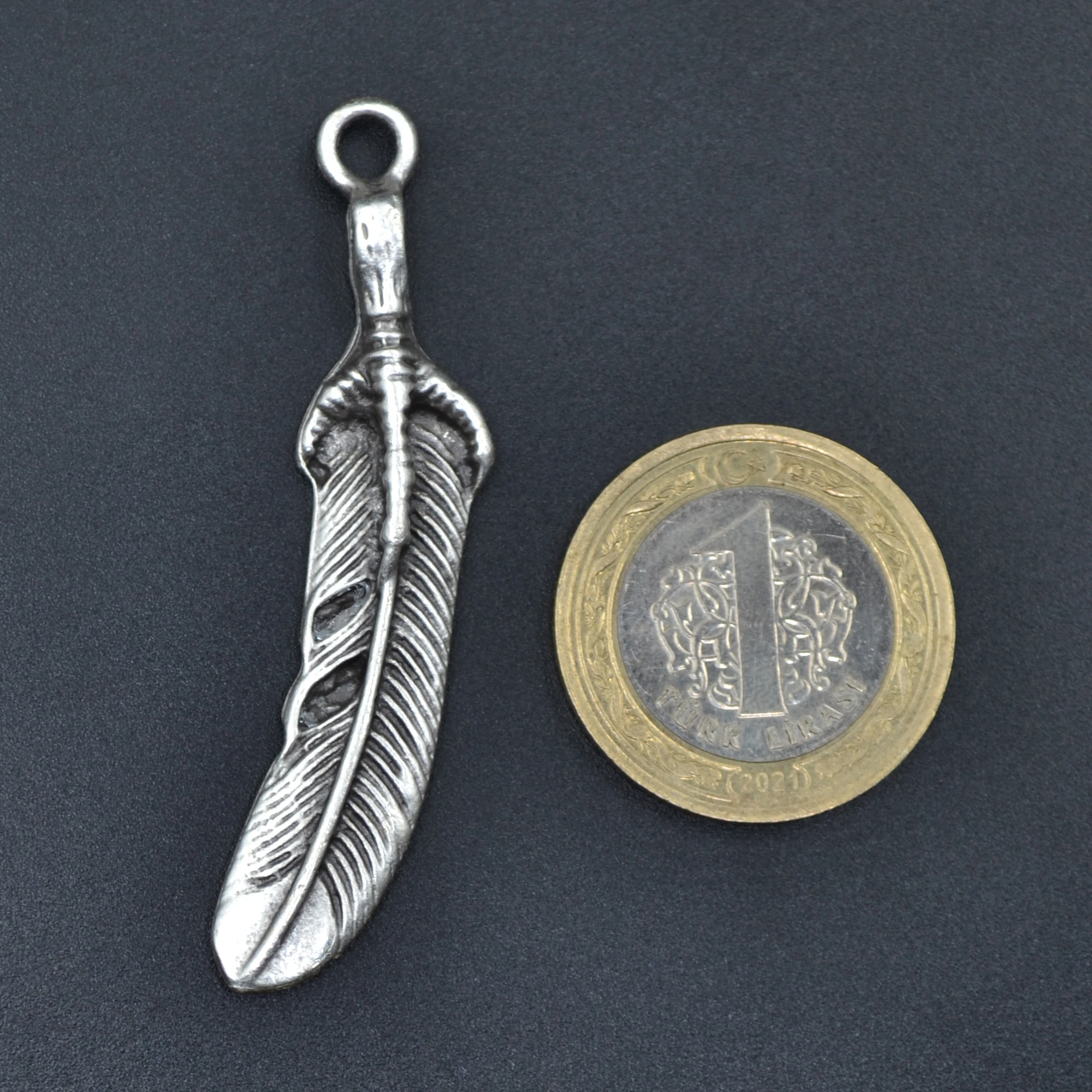 Kuş Tüyü Şeklinde Kolye - Gümüş ( Silver ) Renk - 60 cm Deri İp Kolye